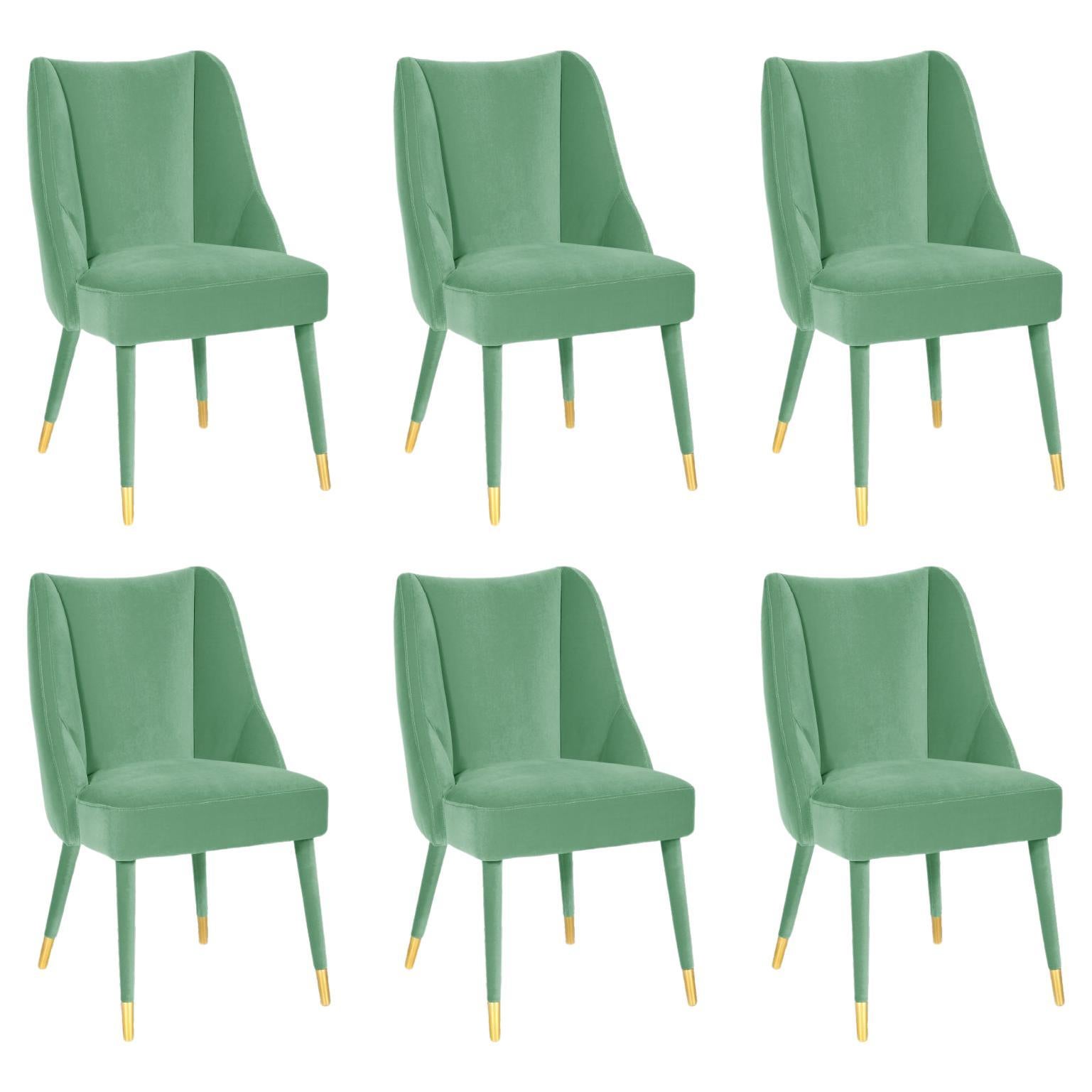 Set of 6 Organic turquoise velvet brass Figueroa dining chair by InsidherLand