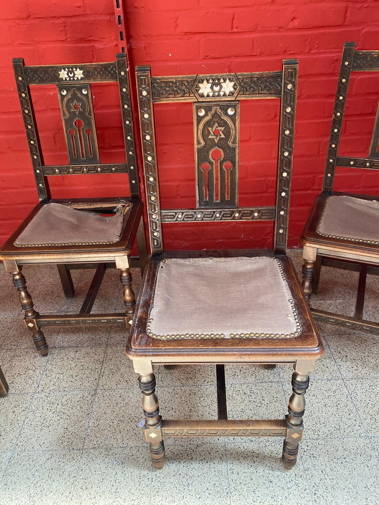 Islamic Set of 6 Oriental-Style Chairs in Carved Wood, with Mother-of-Pearl Inlay, 1880