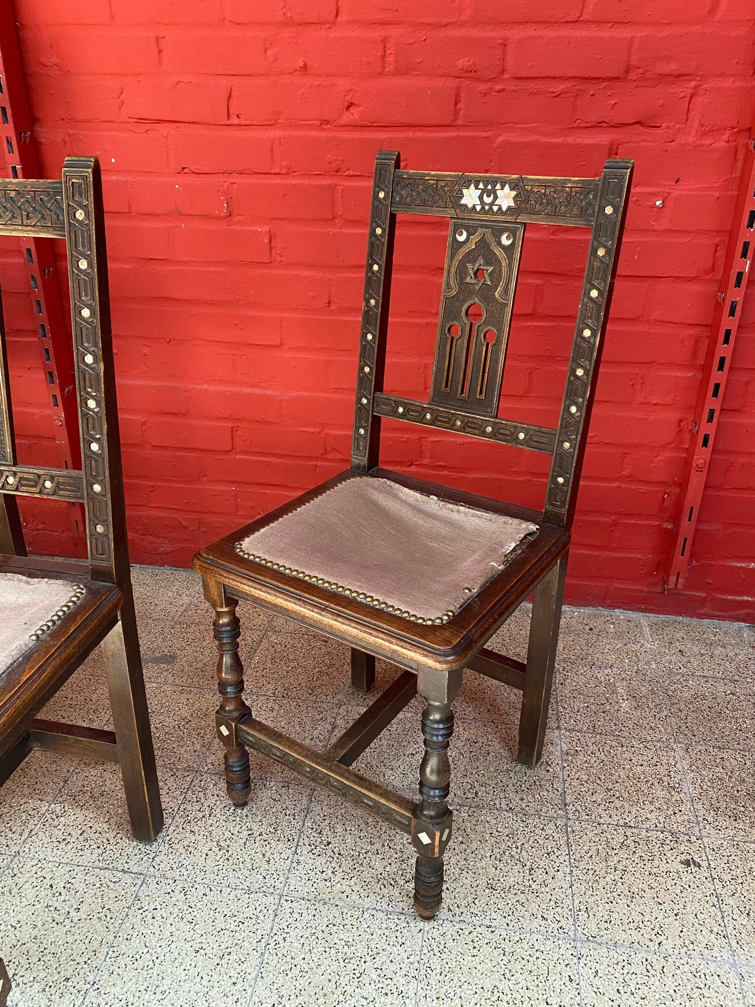 Algerian Set of 6 Oriental-Style Chairs in Carved Wood, with Mother-of-Pearl Inlay, 1880