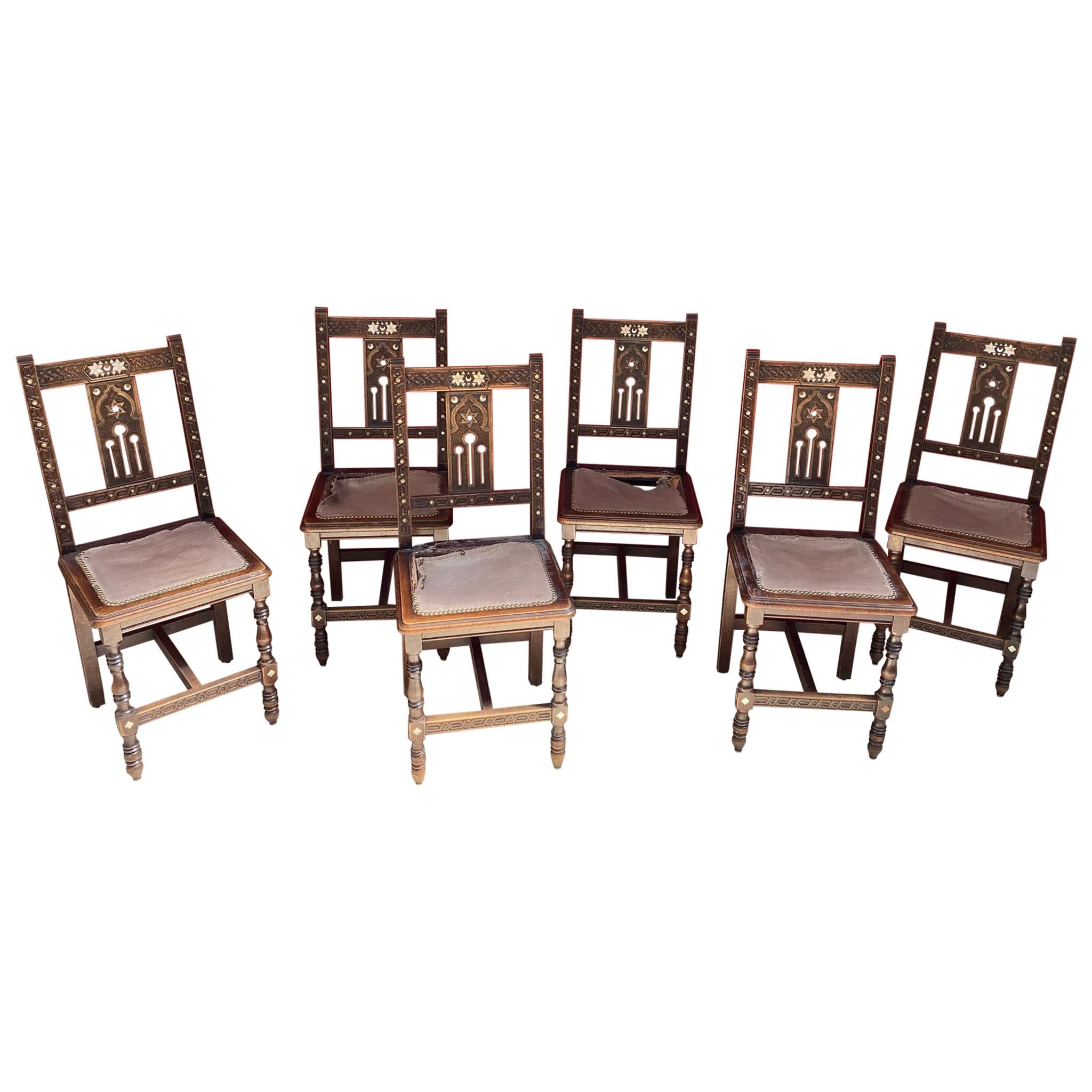 Set of 6 Oriental-Style Chairs in Carved Wood, with Mother-of-Pearl Inlay, 1880