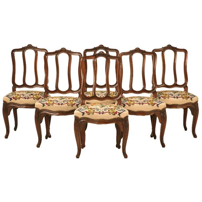 Set of 6 Original Antique Italian Oak Louis XV Dining Chairs with Needlepoint