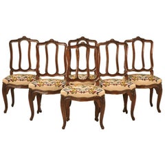 Set of 6 Original Antique Italian Oak Louis XV Dining Chairs with Needlepoint