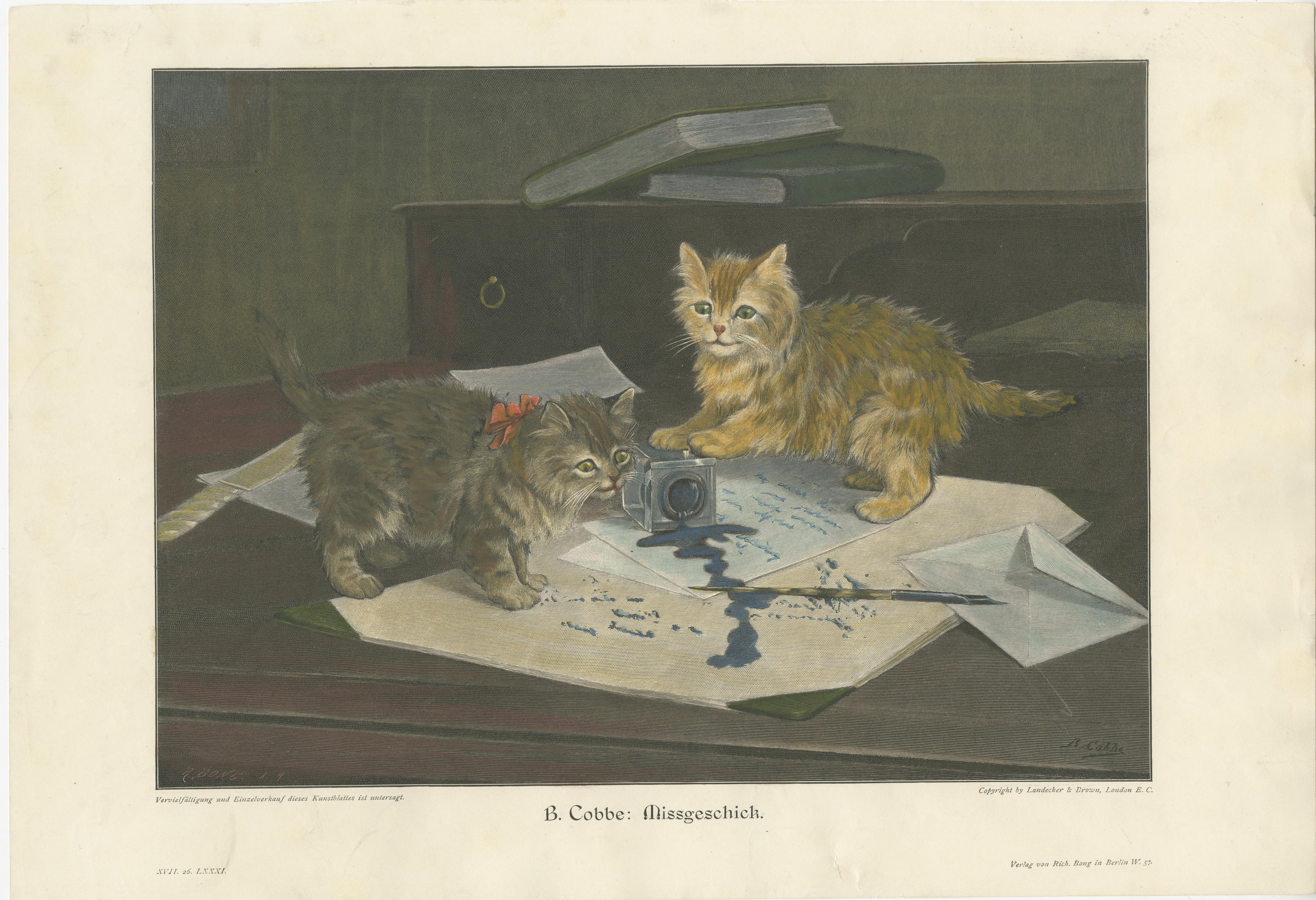 XIXe siècle Ensemble de 6 gravures anciennes originales de chats d'après des peintures, vers 1898 en vente
