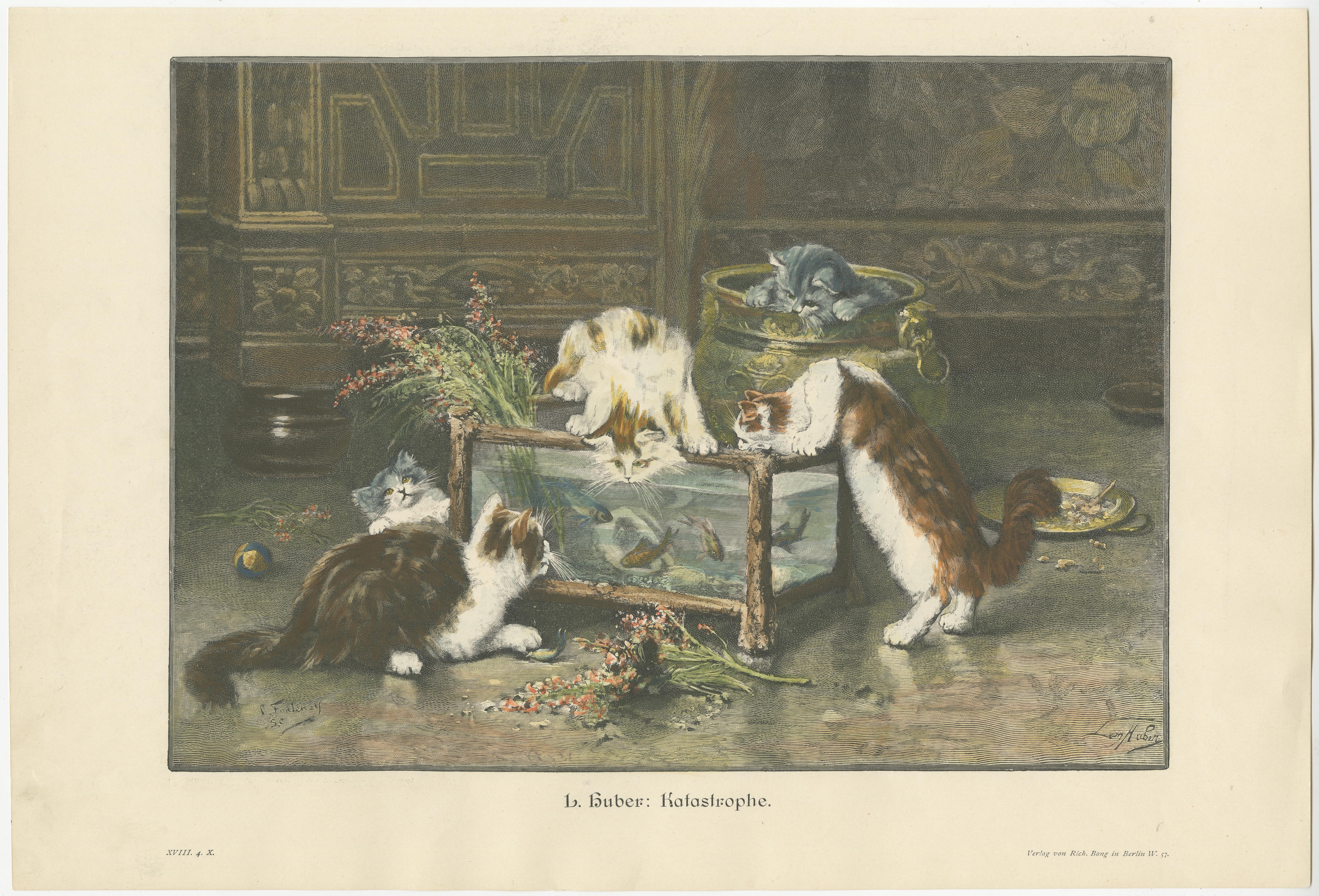 Ensemble de 6 gravures anciennes originales de chats d'après des peintures, vers 1898 en vente 2
