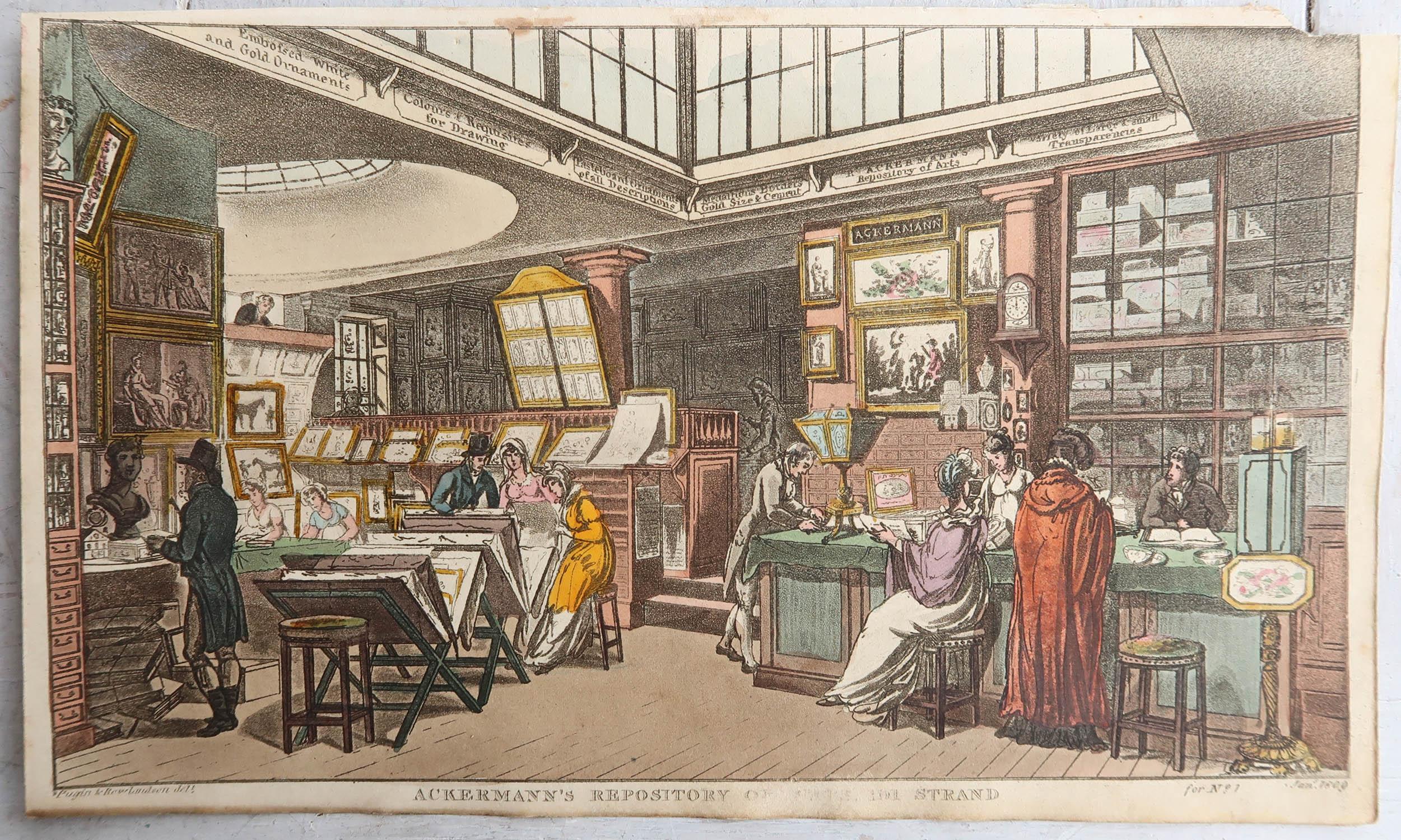 Georgian Set of 6 Original Antique Prints of London Shop Interiors, Dated 1809