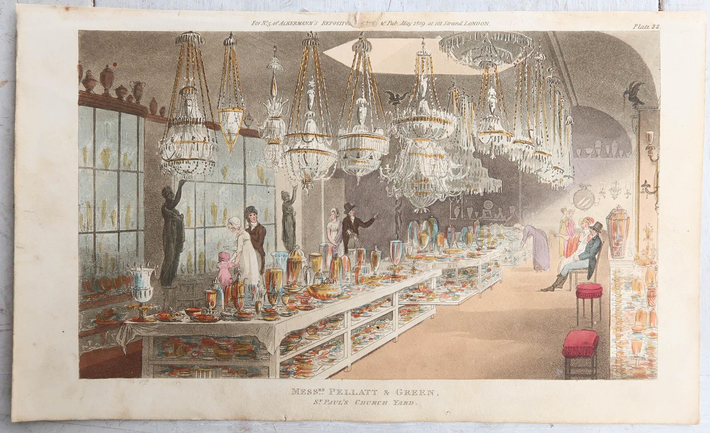 English Set of 6 Original Antique Prints of London Shop Interiors, Dated 1809