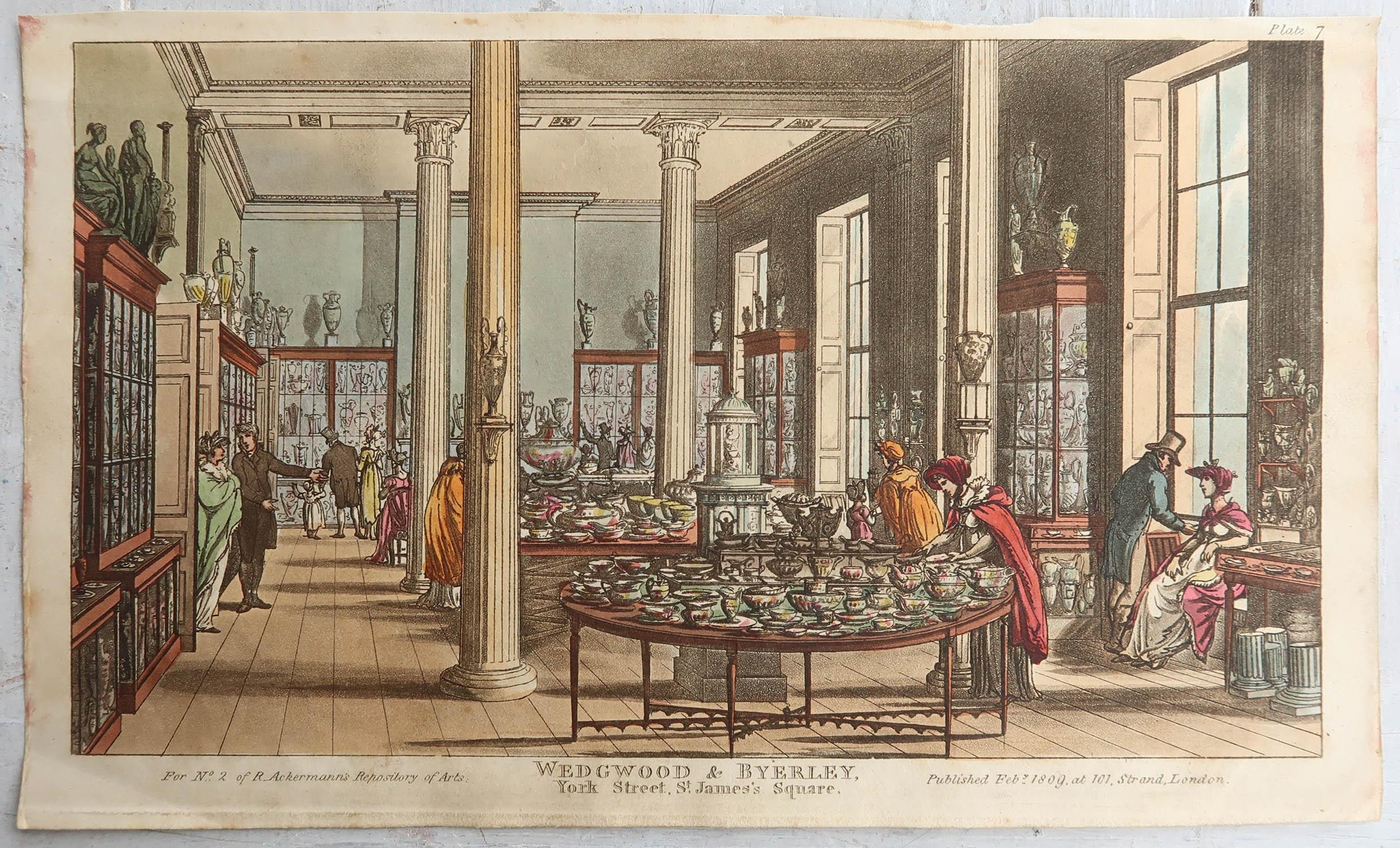 Early 19th Century Set of 6 Original Antique Prints of London Shop Interiors, Dated 1809