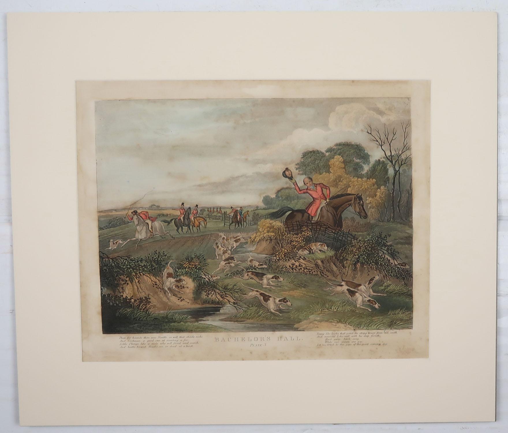 Great set of sporting prints. 

This is a complete set of the Bachelors Hall Series.

Hand colored aquatint engravings on wove paper

Engraved by George Hunt after Francis Calcroft Turner

Not dated but early 19th century. Estimated circa