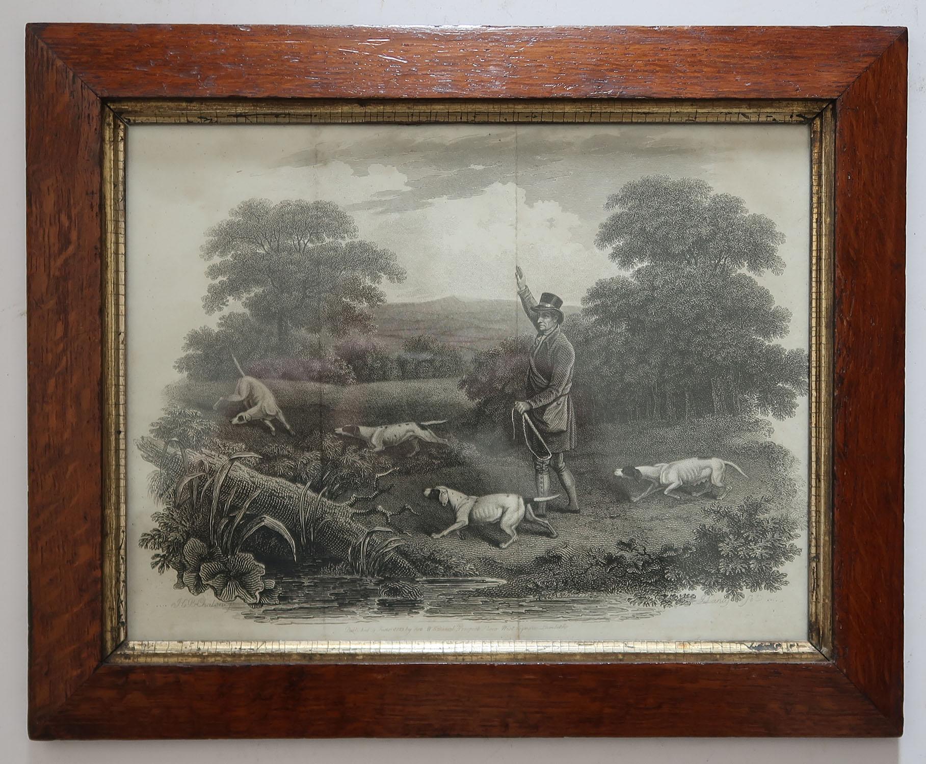 Early 19th Century Set of 6 Original Antique Sporting Prints in Pollard Oak Frames, C.1810