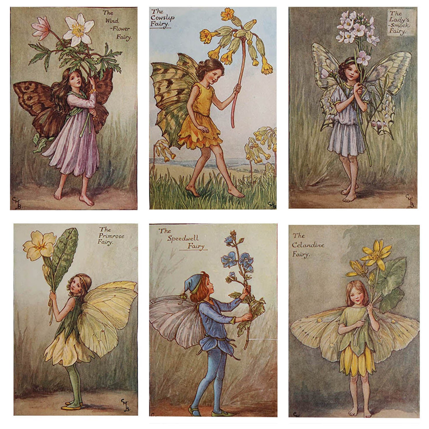 Set of 6 Original Flower Fairy Prints, circa 1920