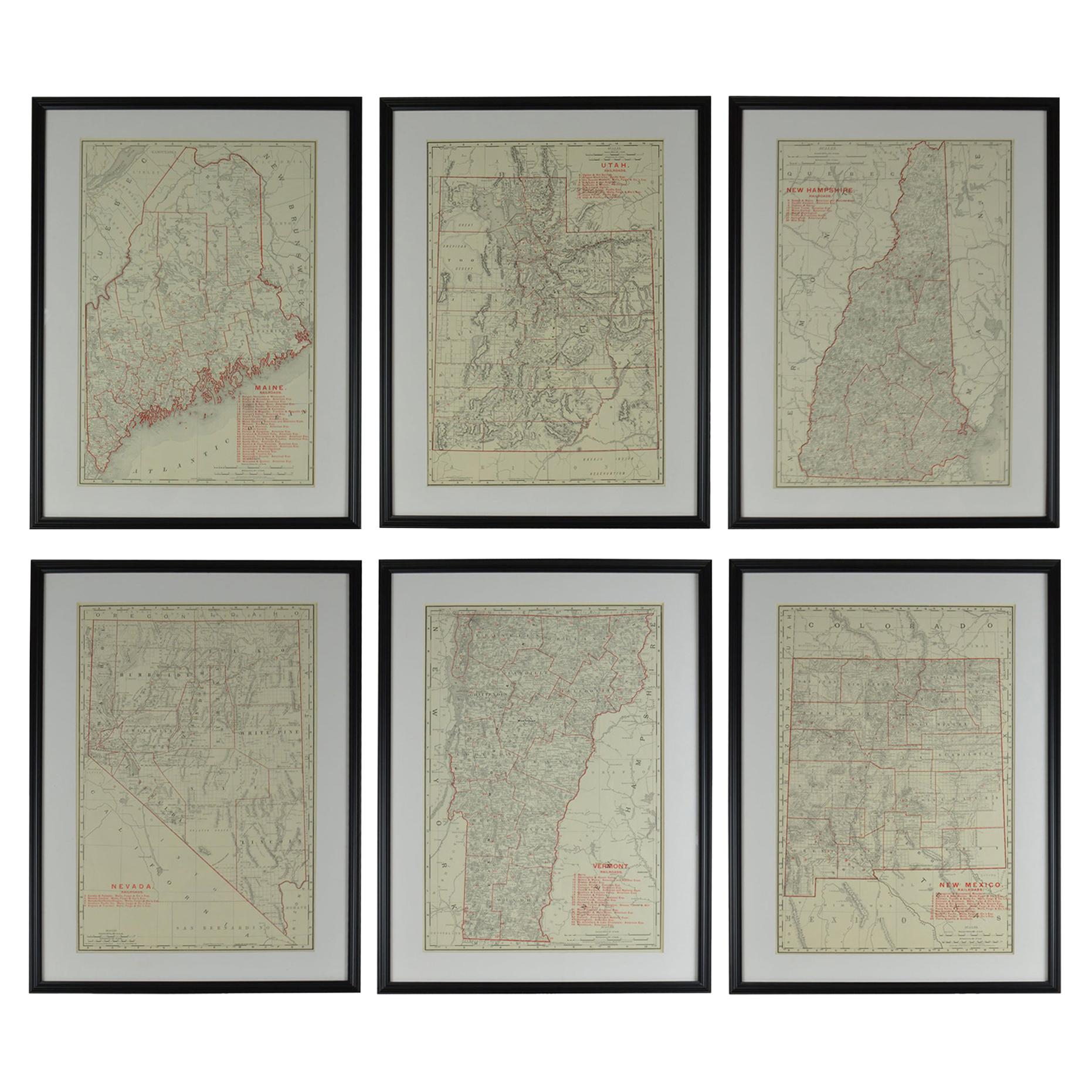 Set of 6 Original Vintage Maps of American States, circa 1900
