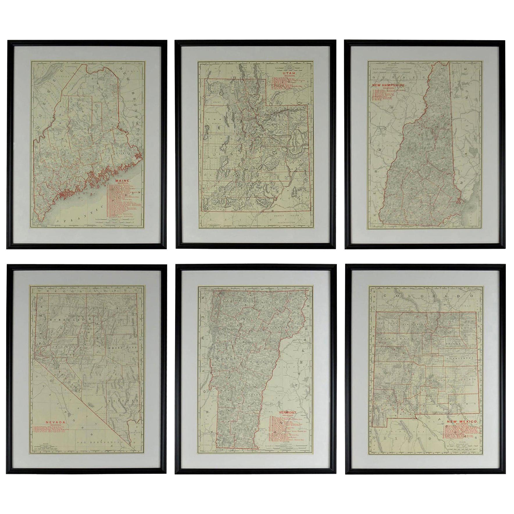 Set of 6 Original Vintage Maps of American States, circa 1900 For Sale
