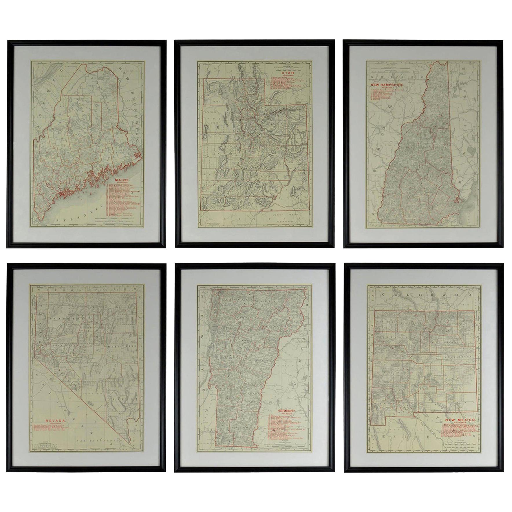 Set of 6 Original Vintage Maps of American States, circa 1900