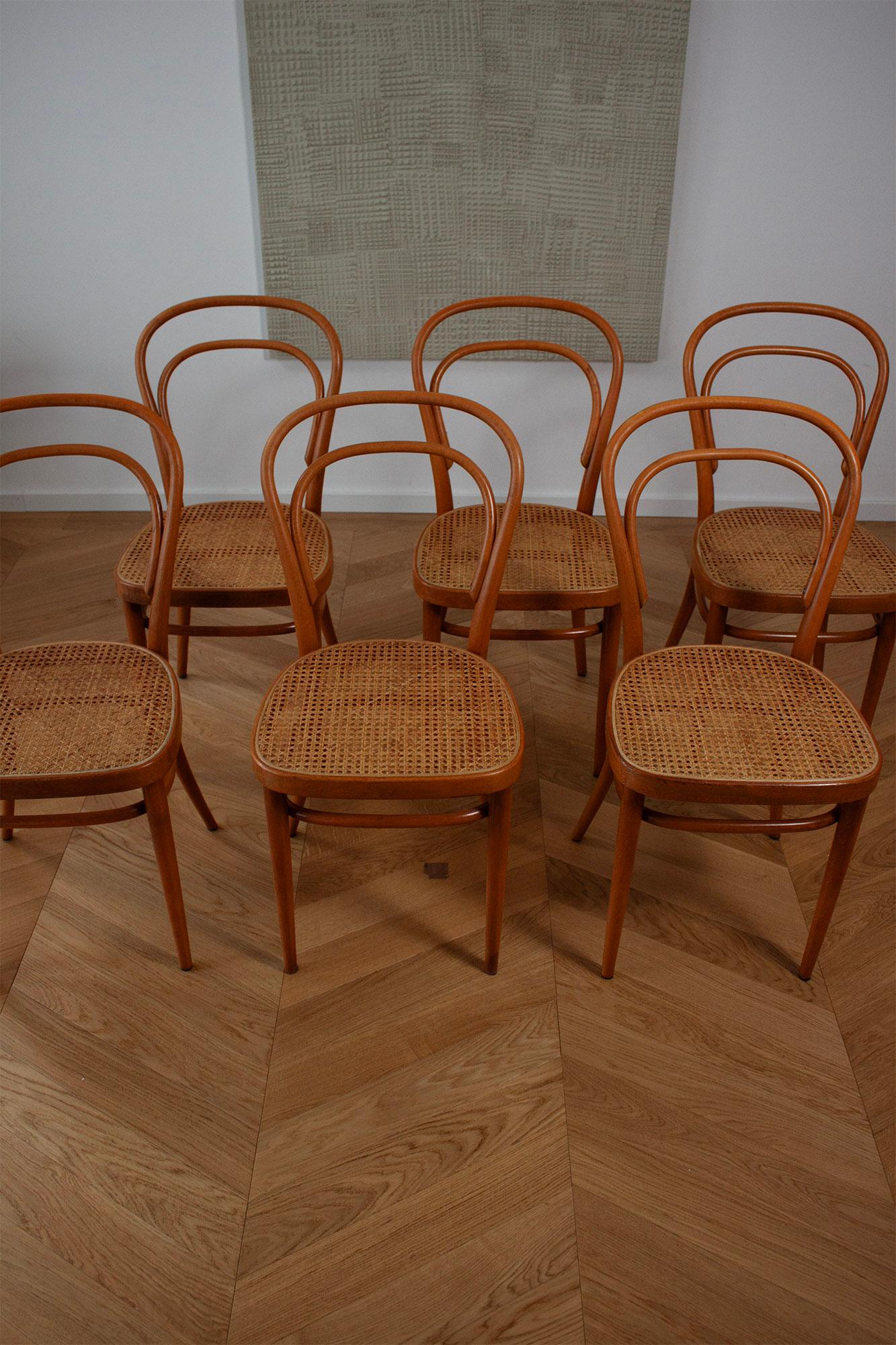 Mid-Century Modern Set of 6 Original Vintage Thonet 214 Cane Wave Seat Natural Oak Dining Chairs