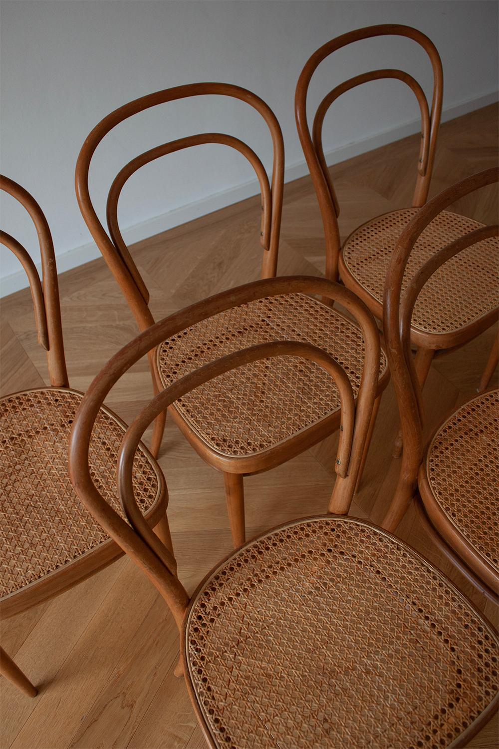 20th Century Set of 6 Original Vintage Thonet 214 Cane Wave Seat Natural Oak Dining Chairs