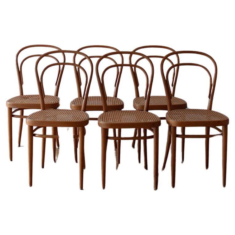 Set of 6 Original Vintage Thonet 214 Cane Wave Seat Natural Oak Dining Chairs