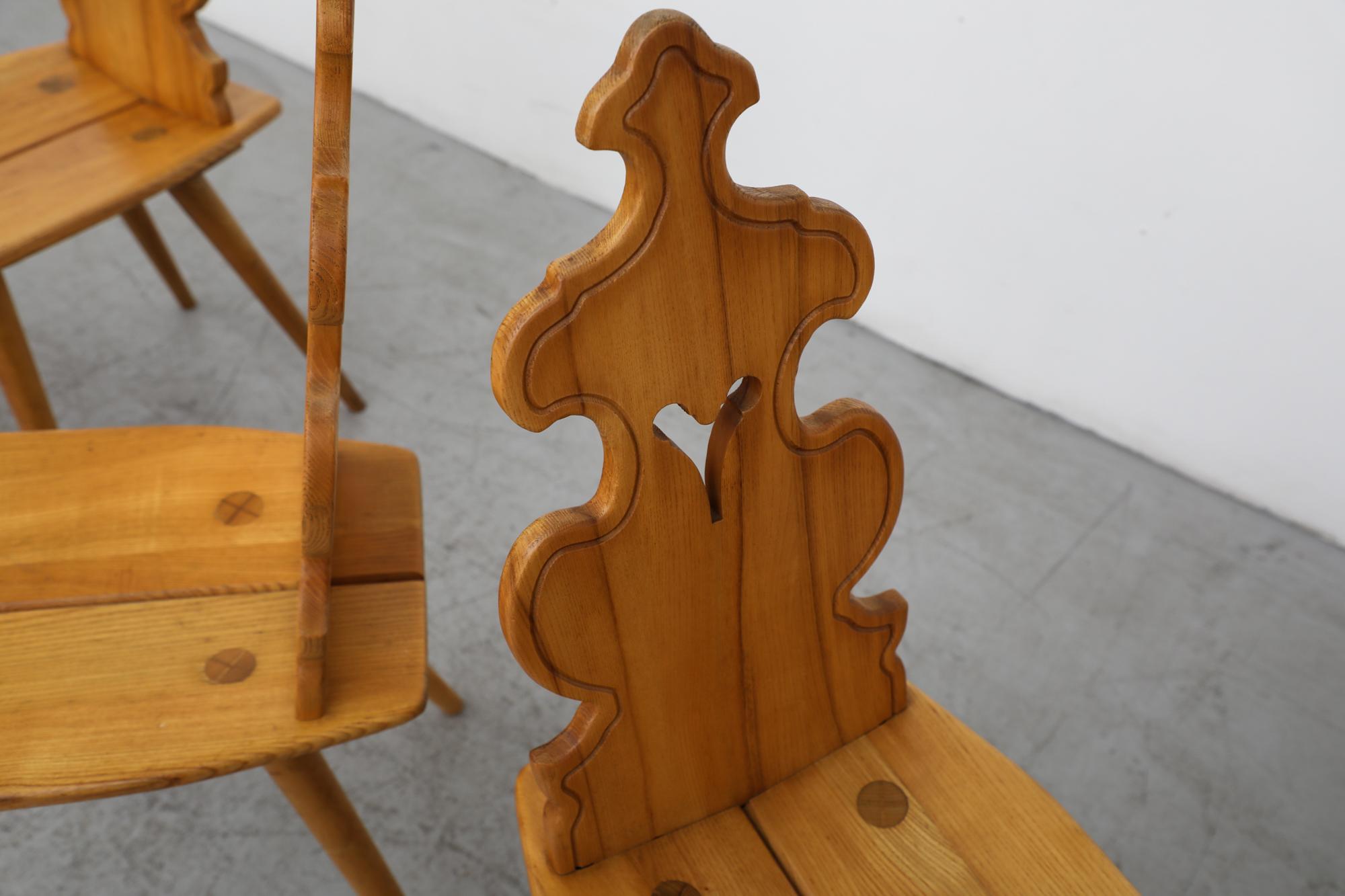 Set of 6 Ornate Tyrolean Style Brutalist Oak Dining Chairs In Good Condition In Los Angeles, CA