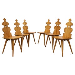 Set of 6 Ornate Tyrolean Style Brutalist Oak Dining Chairs
