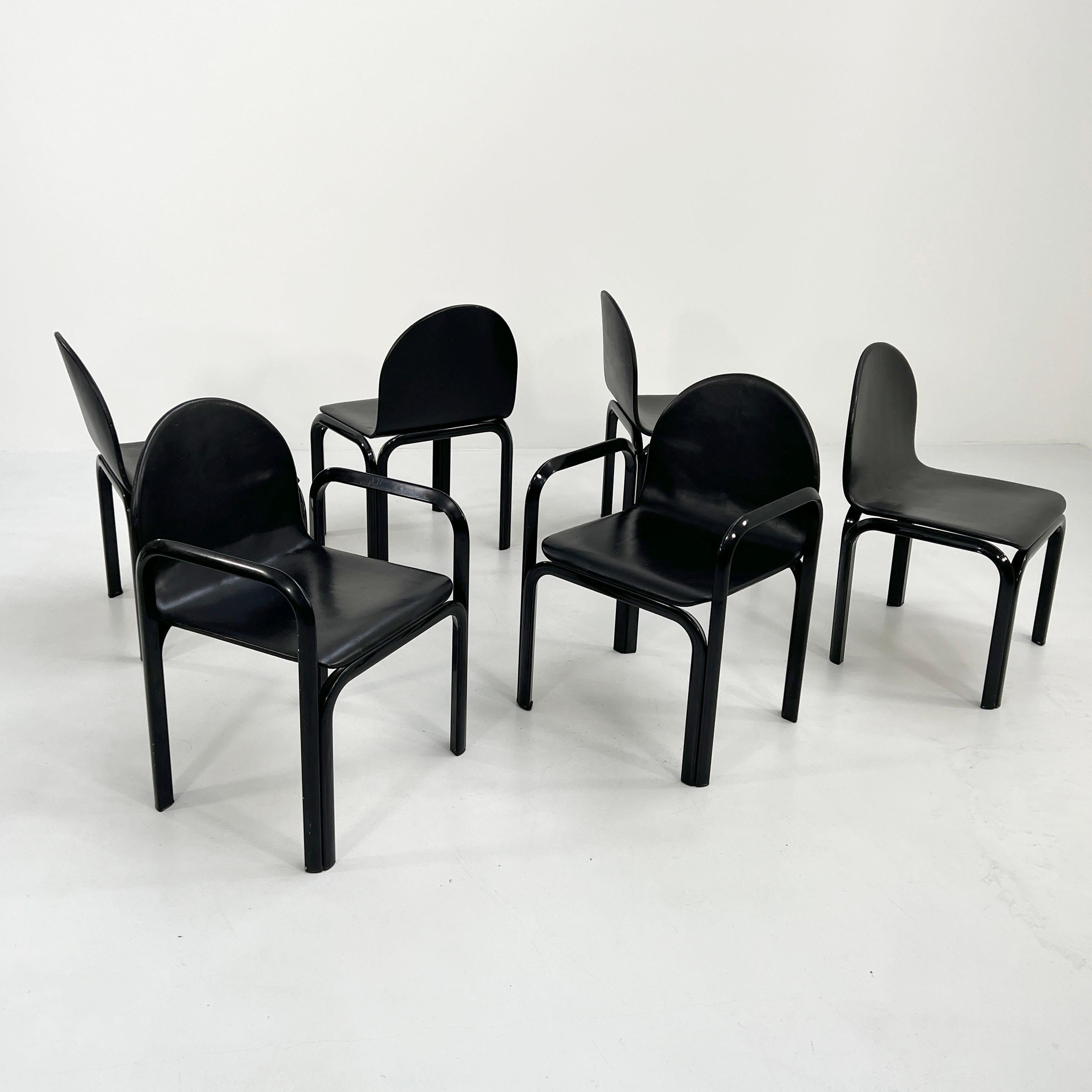 Designer - Gae Aulenti
Producer - Knoll
Model - Orsay Dining Chairs
Design Period - Seventies 
Measurements - width 57 cm x depth 47 cm x height 83 cm x seat height 45 cm
Materials - metal, leather
Color - Black
Condition - Good 
Comments -