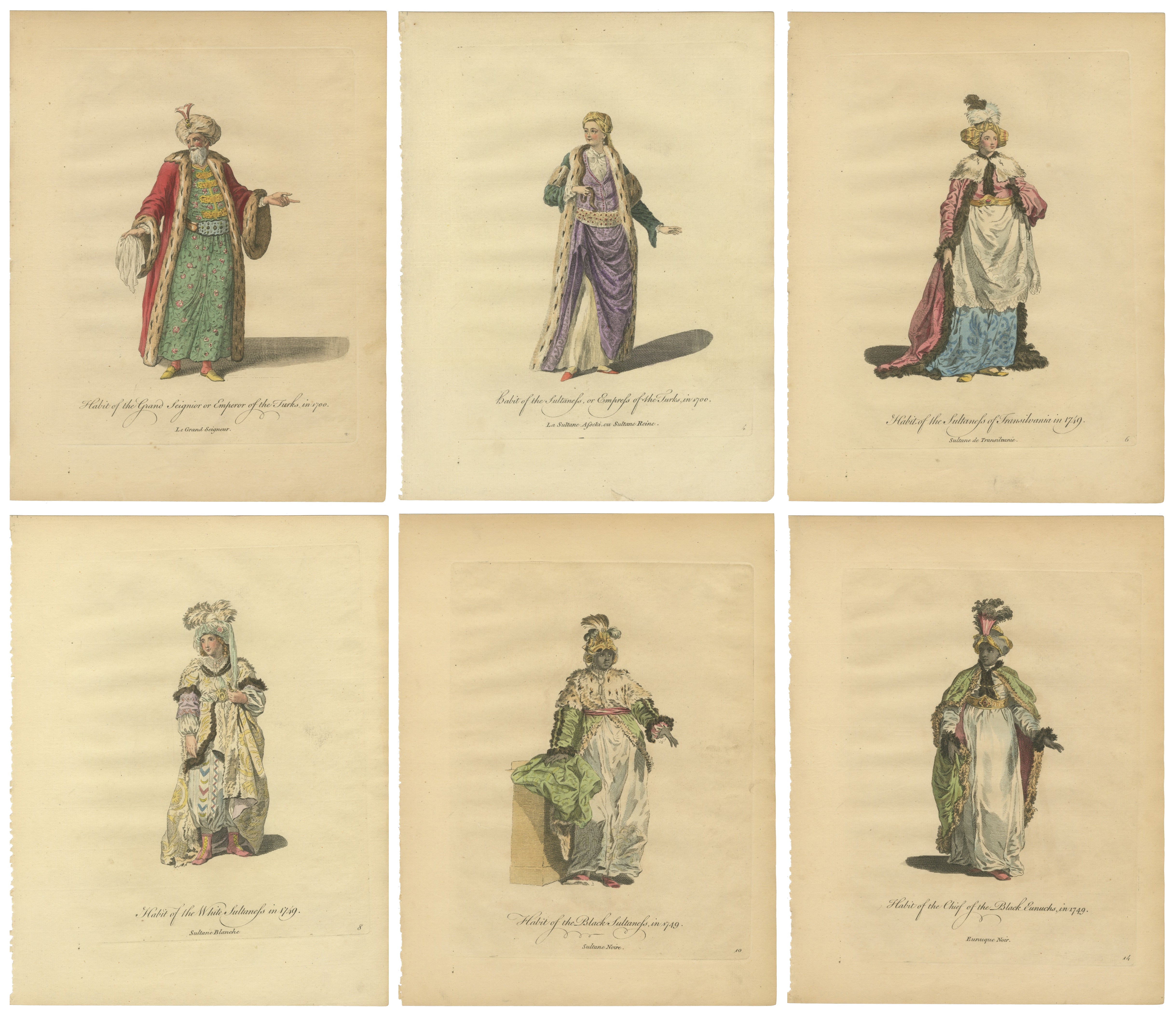 Set of 6 Ottoman Costume Prints, Hand-Colored Engravings, 1767
