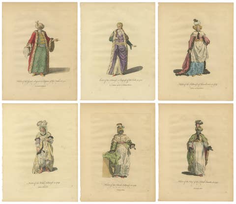 Set of 6 Ottoman Costume Prints, Hand-Colored Engravings, 1767