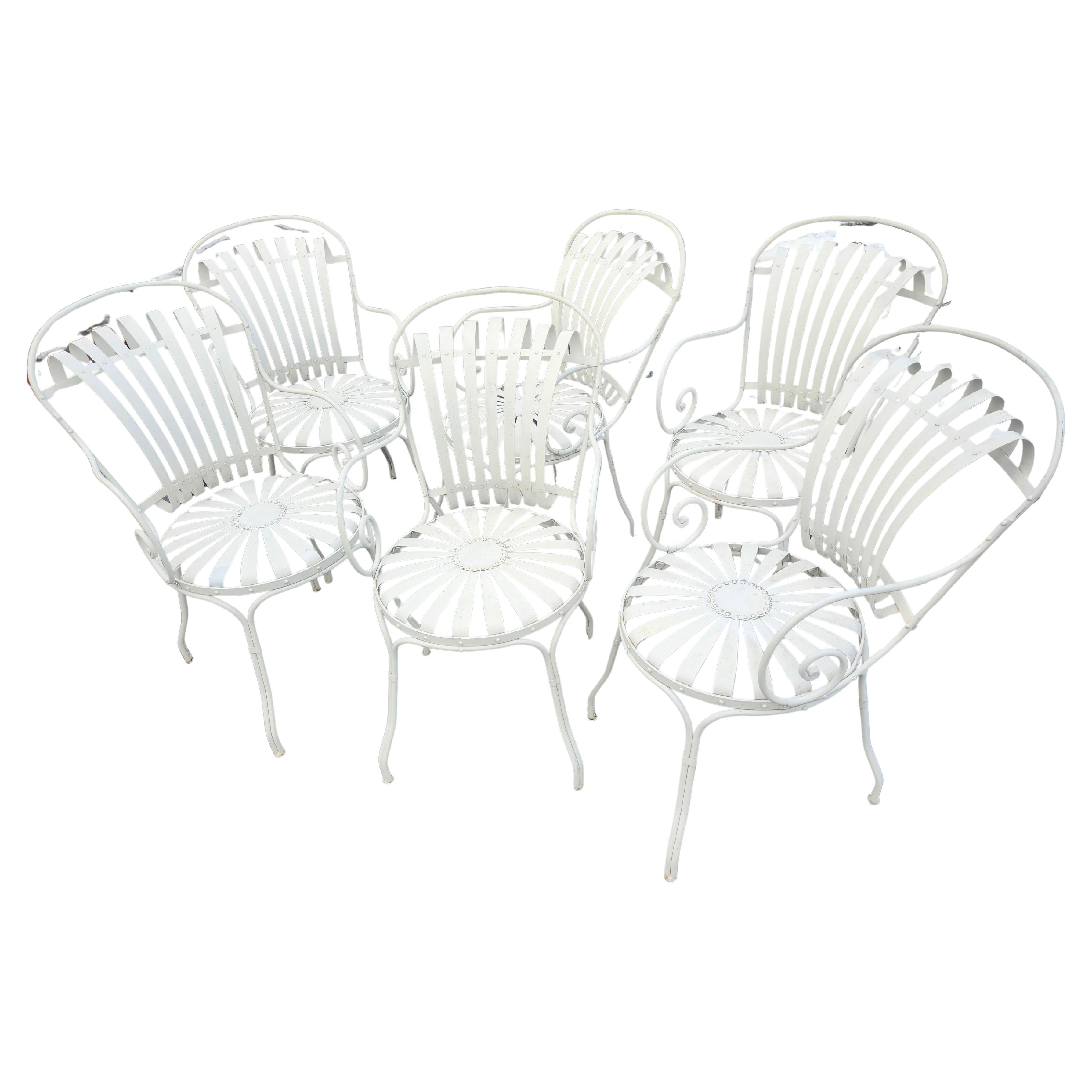 Late 20th Century Set of 6 Outdoor Sunburst Spring Iron Garden Dining Arm Chairs by Francois Carre For Sale