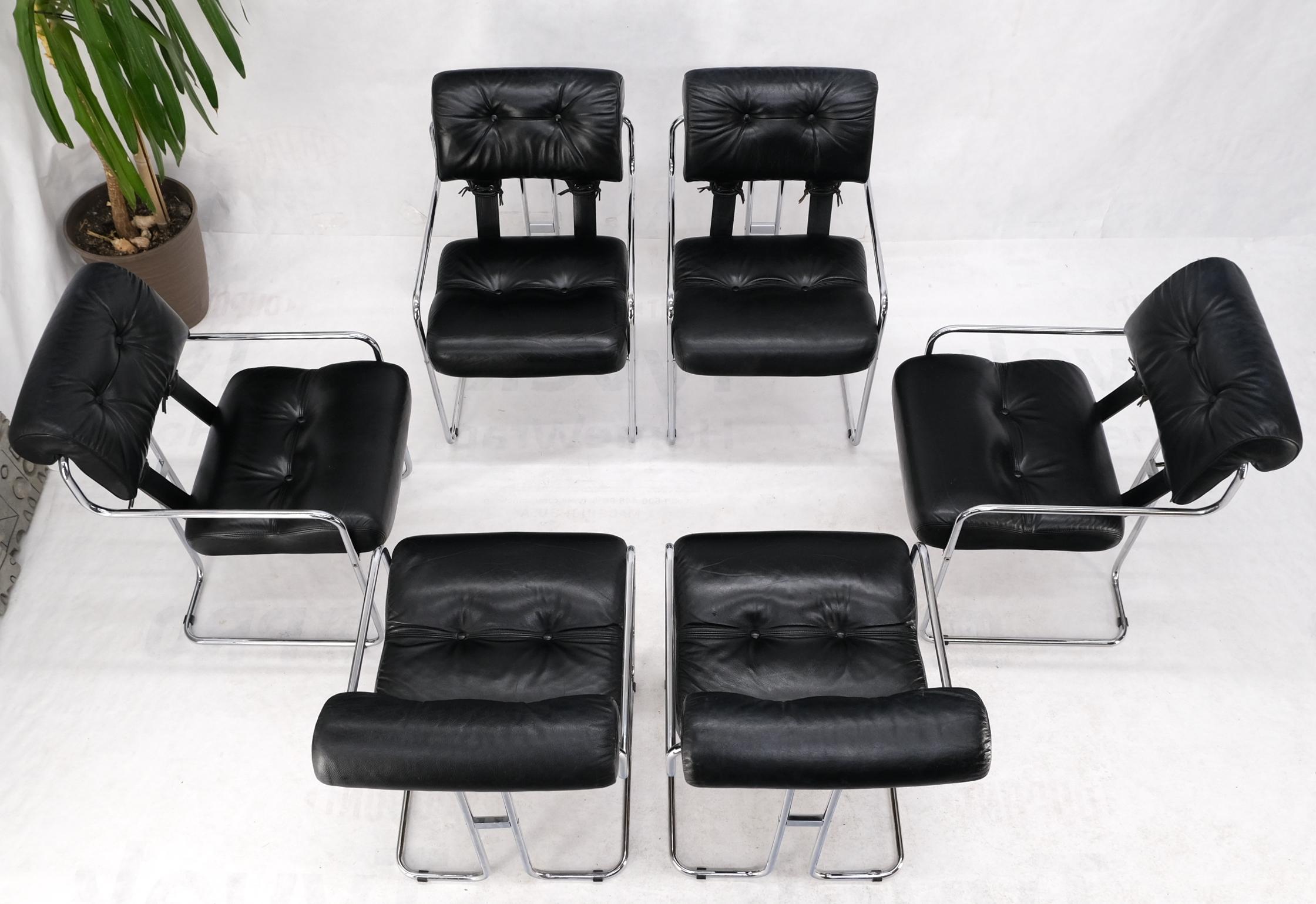 Set of 6 Pace chrome tubular frame black tucroma dining sling seats chairs mint
Cold formed polyurethane foam; the seat cushion has a frame in beech wood. Leather with saddle leather straps that unite the set cushion with the back cushion.