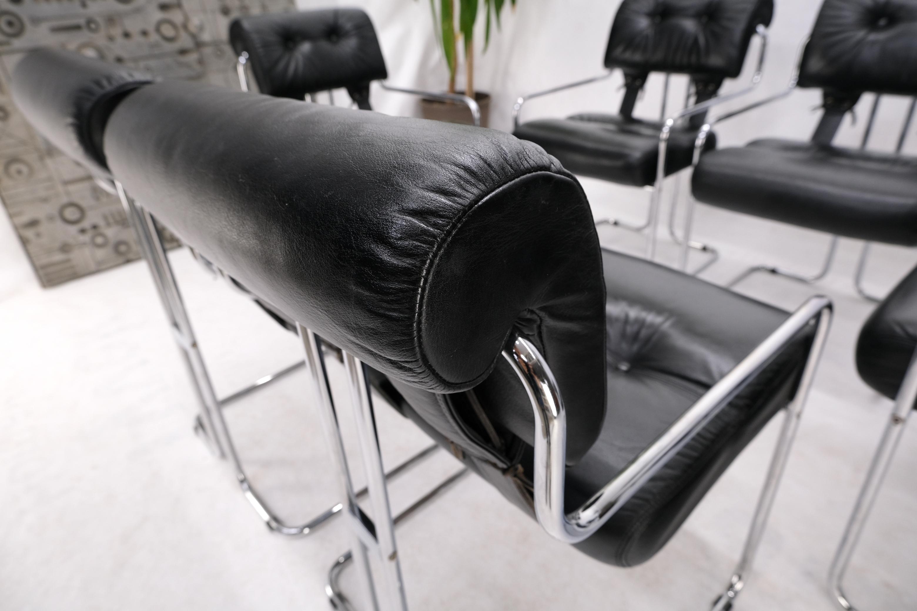 Leather Set of 6 Pace Chrome Tubular Frame Black Tucroma Dining Sling Seats Chairs Mint