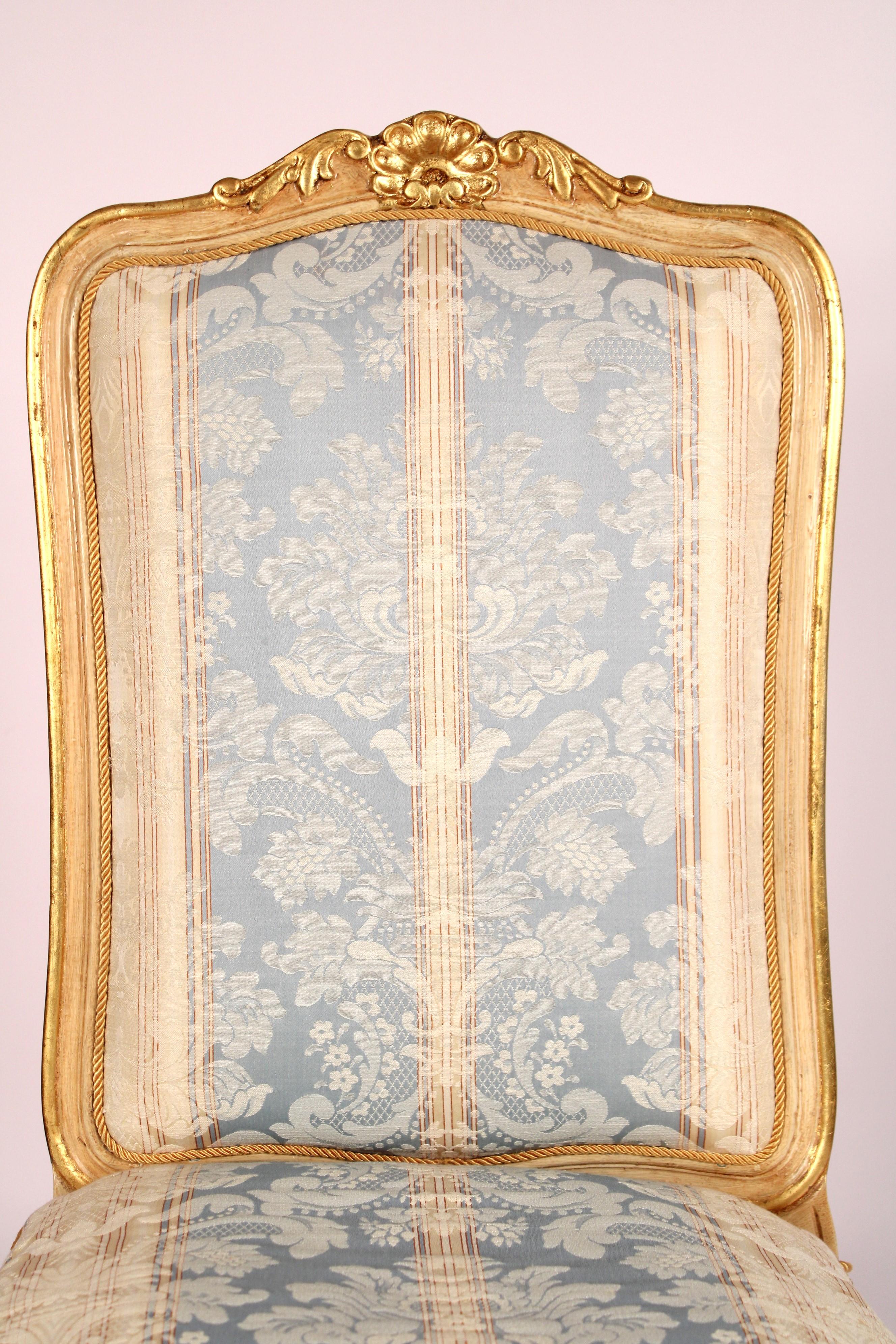 Fabric Set of 6 Painted and Gilt Decorated Dining Room Chairs For Sale