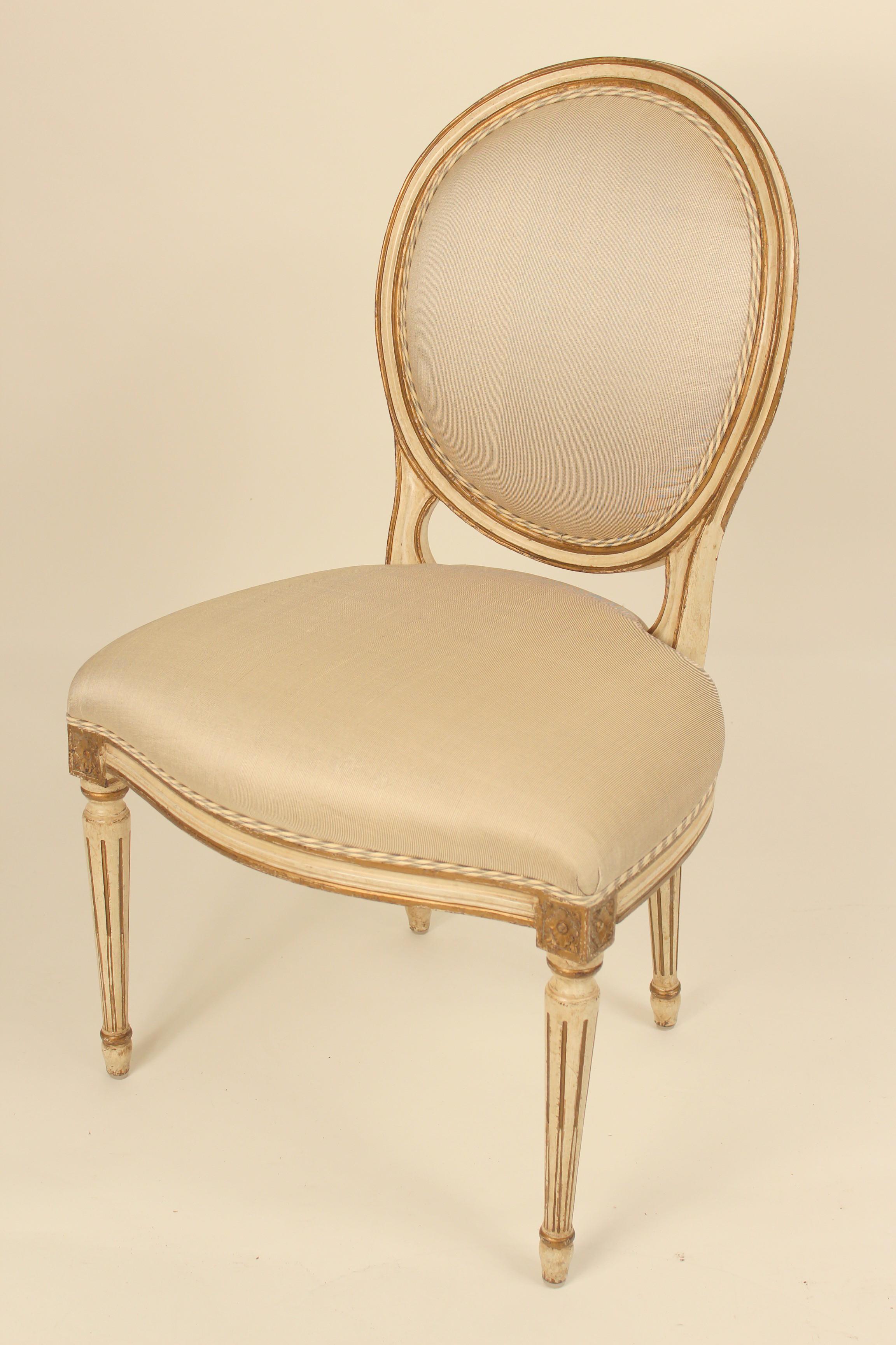 Set of 6 Painted and Gilt Louis XVI Style Dining Chairs In Fair Condition In Laguna Beach, CA