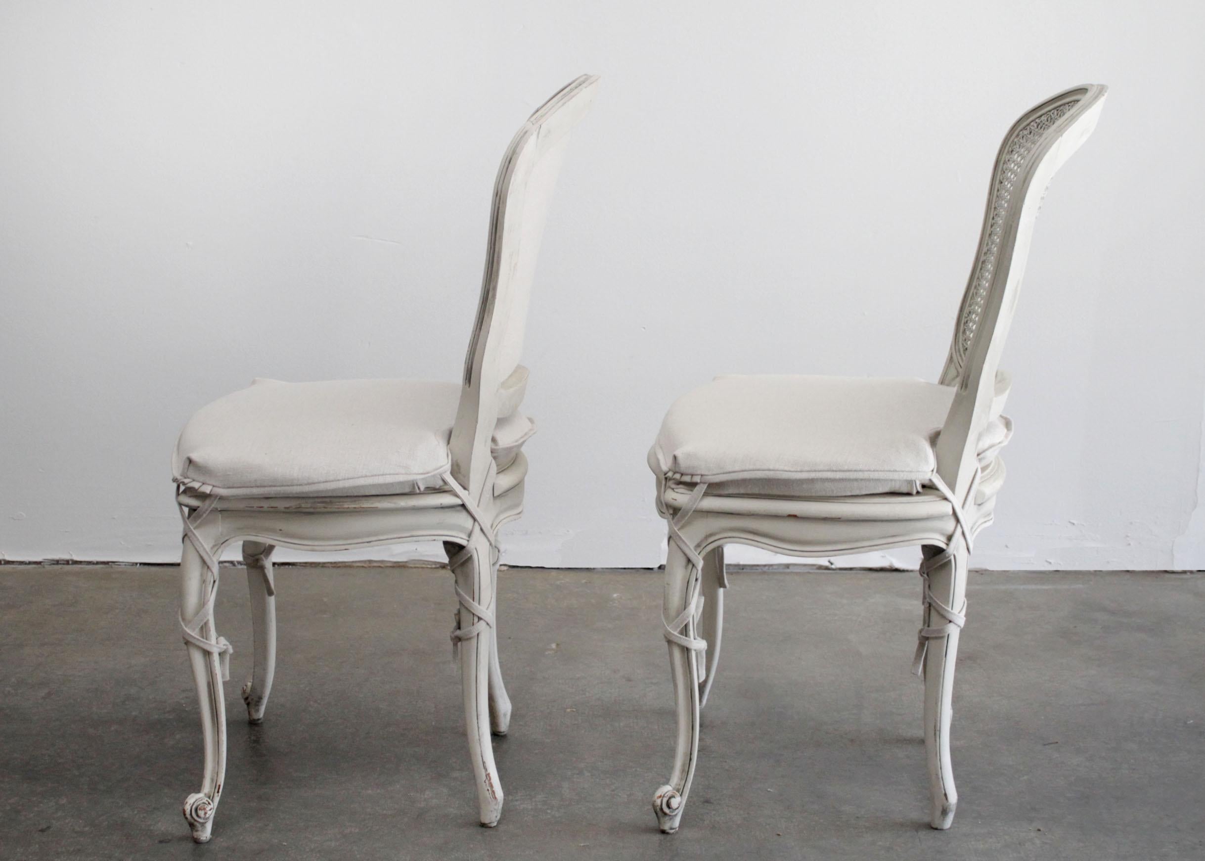 20th Century Set of 6 Painted and Upholstered Cane Back Dining Chairs with Slip Covers