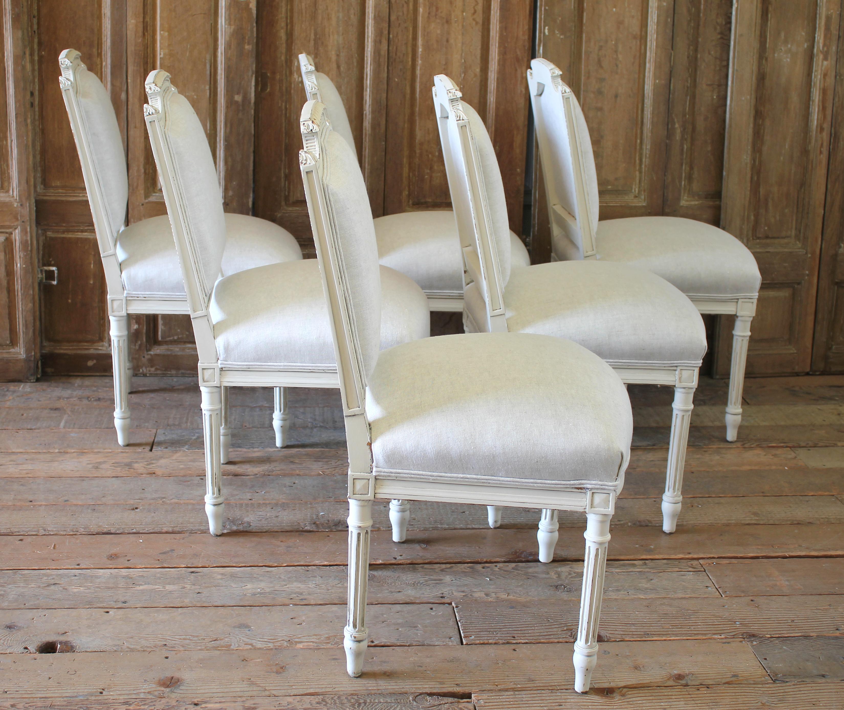 Set of 6 Painted and Upholstered French Louis XVI Style Dining Room Chairs 5