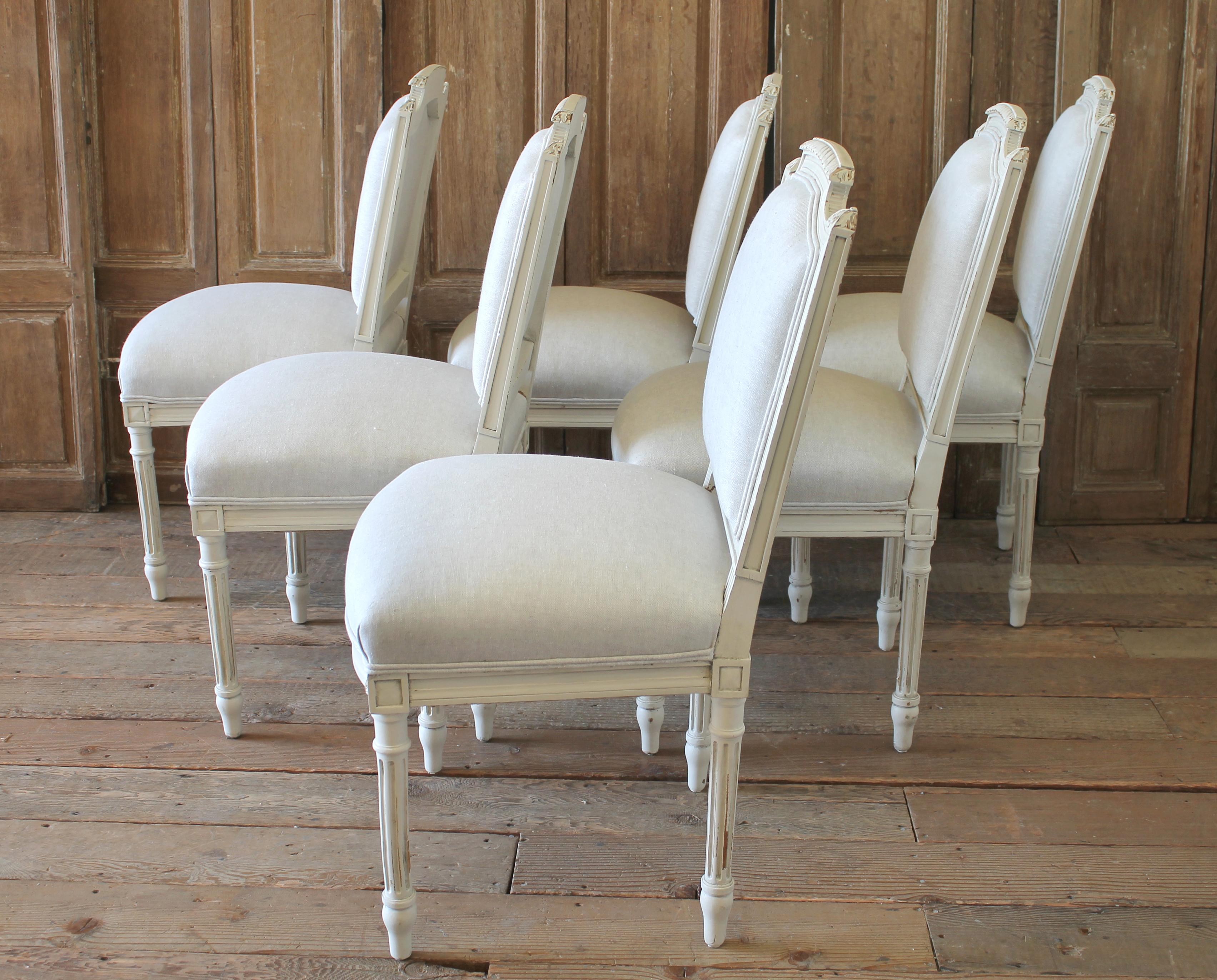 Set of 6 Painted and Upholstered French Louis XVI Style Dining Room Chairs 6