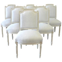 Set of 6 Painted and Upholstered French Louis XVI Style Dining Room Chairs