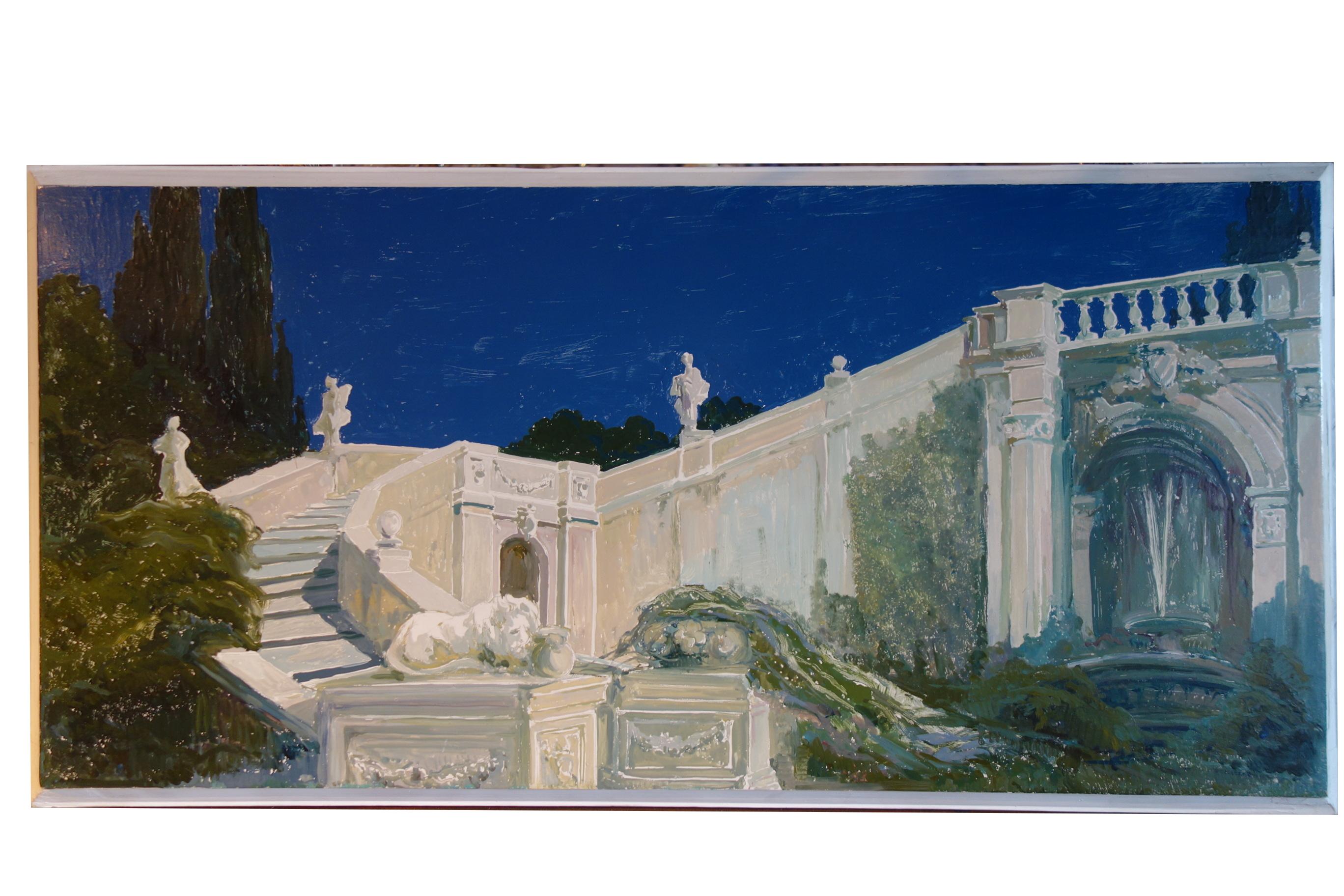 Vintage set of six paintings on boards, study for an Italian Classic garden. 
Probably a scenographic preparation. Pleasant Mediterranean architectural scenery. Vivid color in blue, green and white, circa 1960. Brings to mind the Hearst castle pool