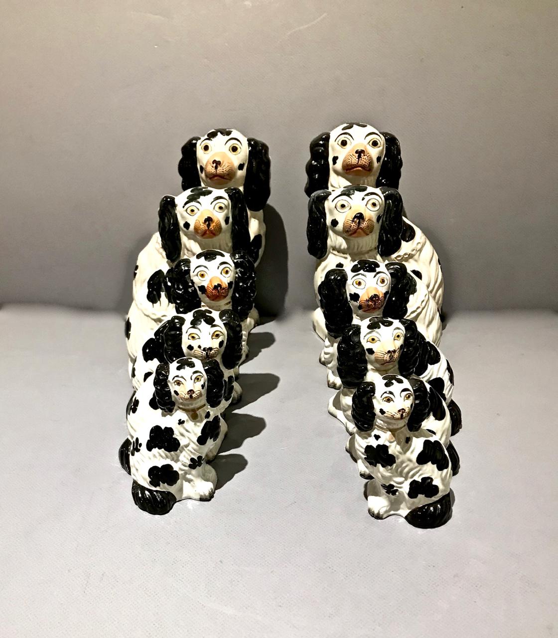 This is a rare set of 6 pairs of graduated black and White Staffordshire Spaniels that date to the mid-19th century. All six pairs are in good condition with the normal anticipated patination. As shown in the photos the spaniels are all incised