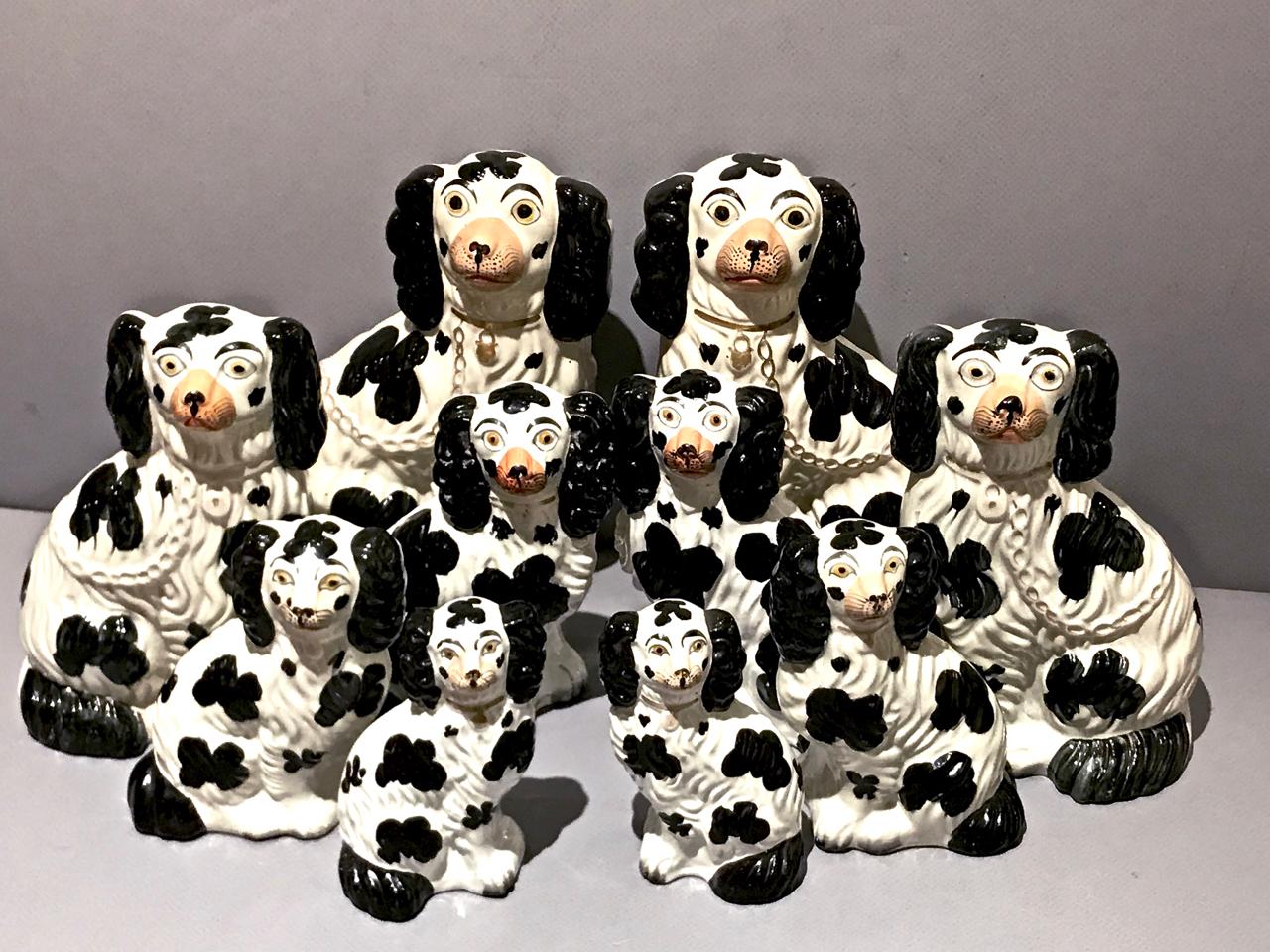Molded Set of 6 Pairs of Graduated Staffordshire Spaniels, circa 1850