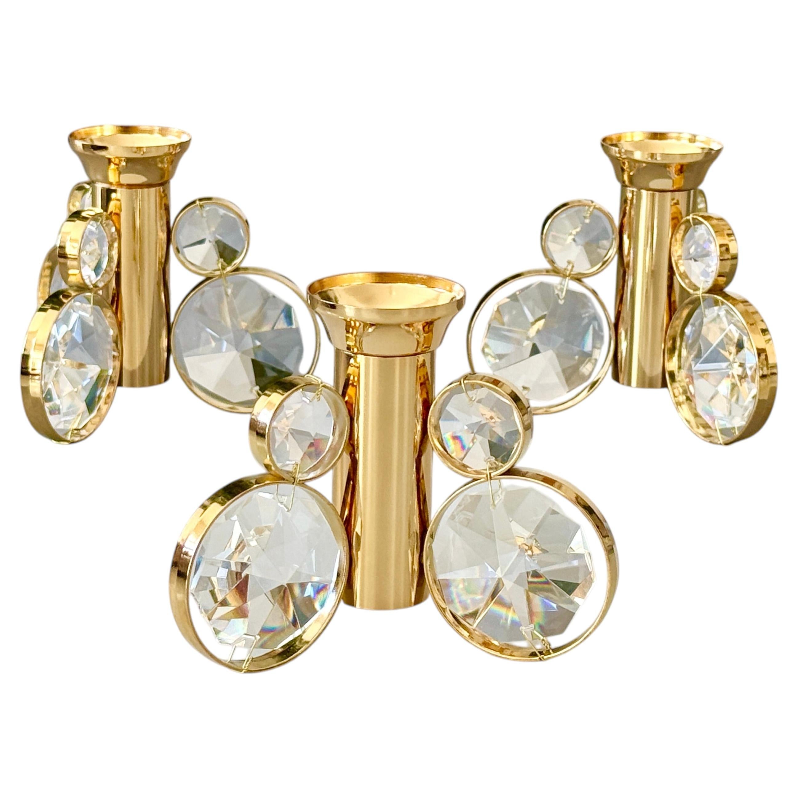 Set of 6 Palwa Gaetano Sciolari Style Brass & Crystal Candle Holder Candlestick For Sale