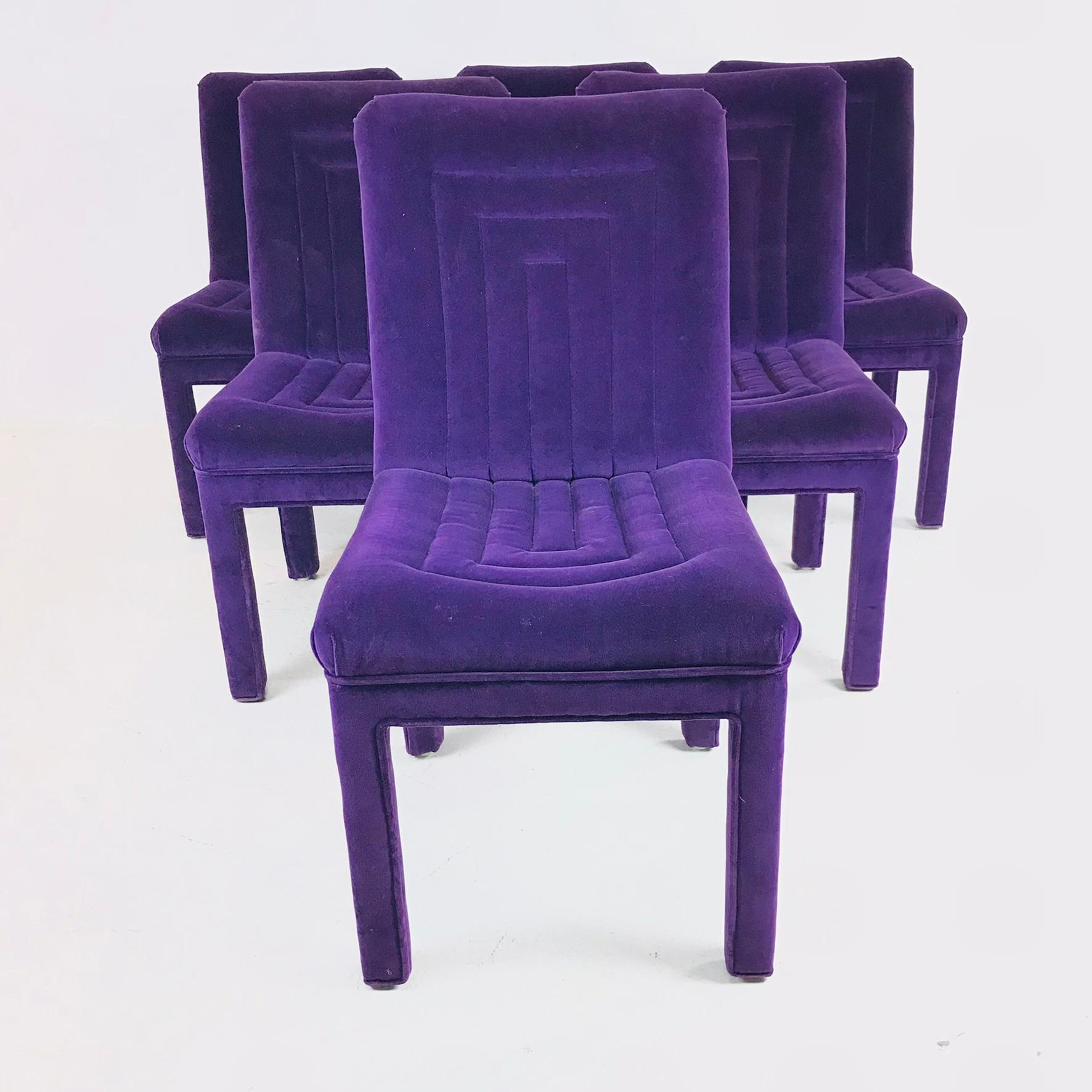 Super groovy set of 6 vintage Parsons chairs by John Widdicomb. Beautiful purple upholstery is in great condition and chairs are very sturdy.