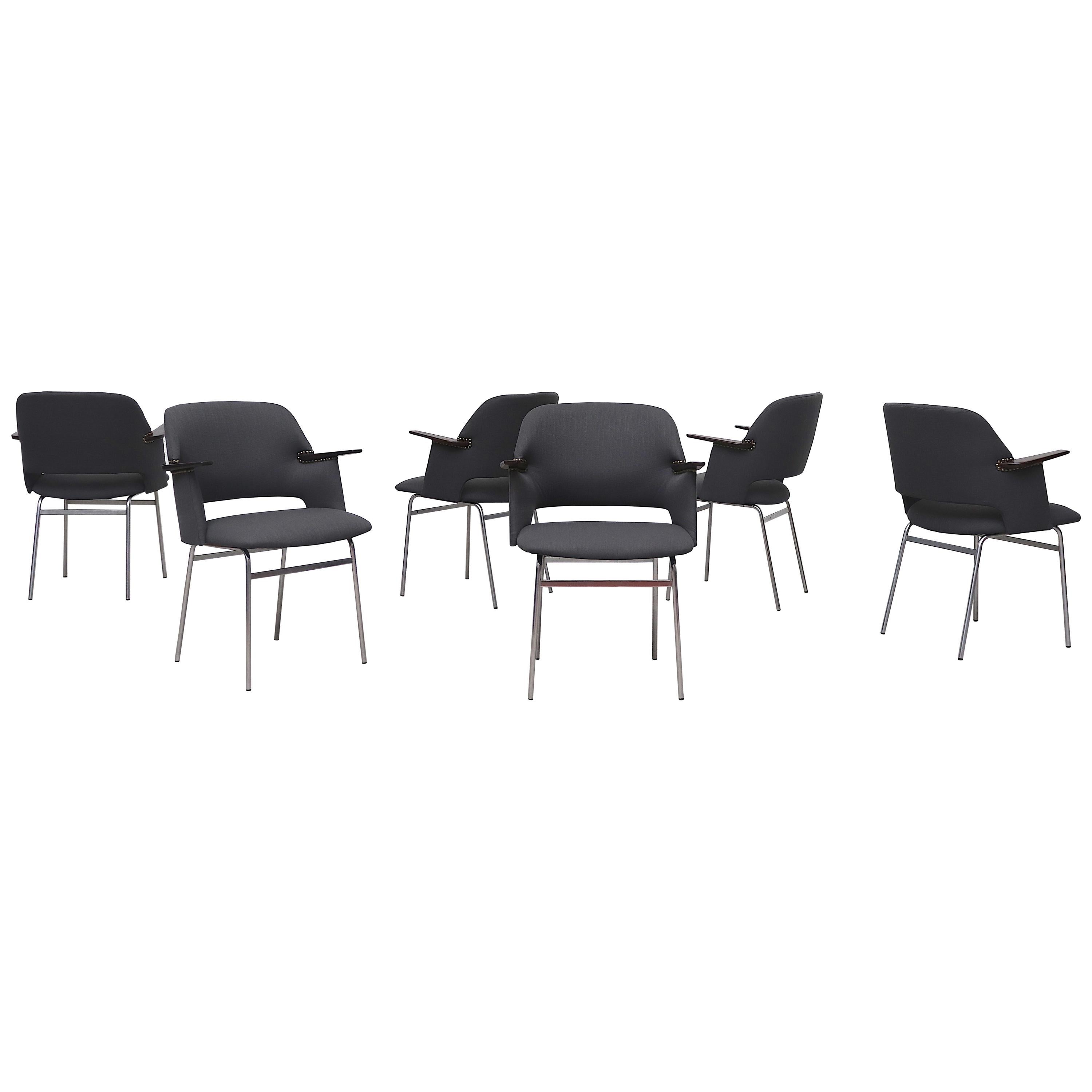 Set aus 6 grauen Pastoe-Sesseln mit Armlehnen aus Teakholz und Metallrohrbeinen aus Metallrohr