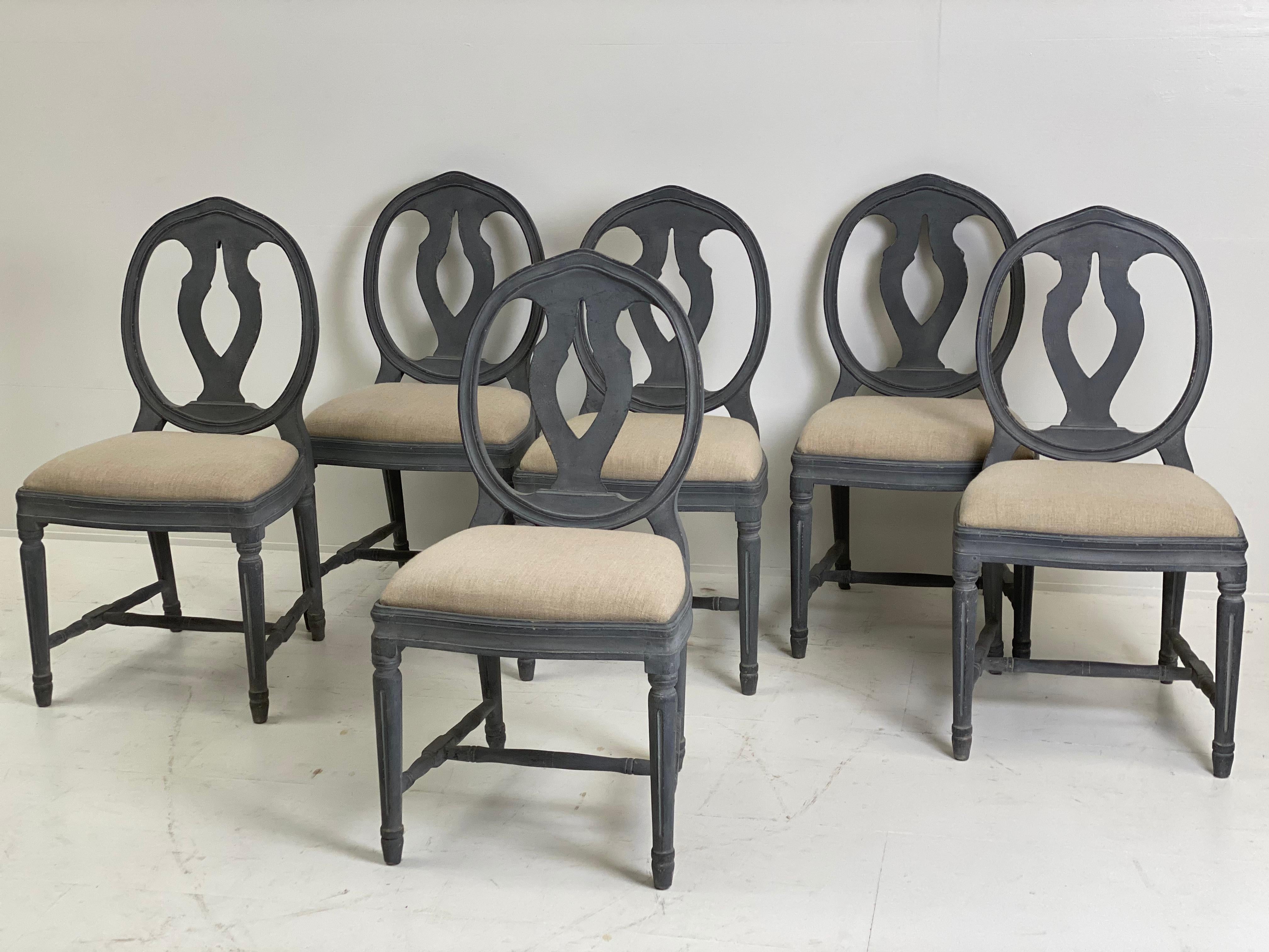 Set of 6 Patinated Swedish Chairs in a Blue/Grey Color, Gustavian Style In Excellent Condition In Schellebelle, BE