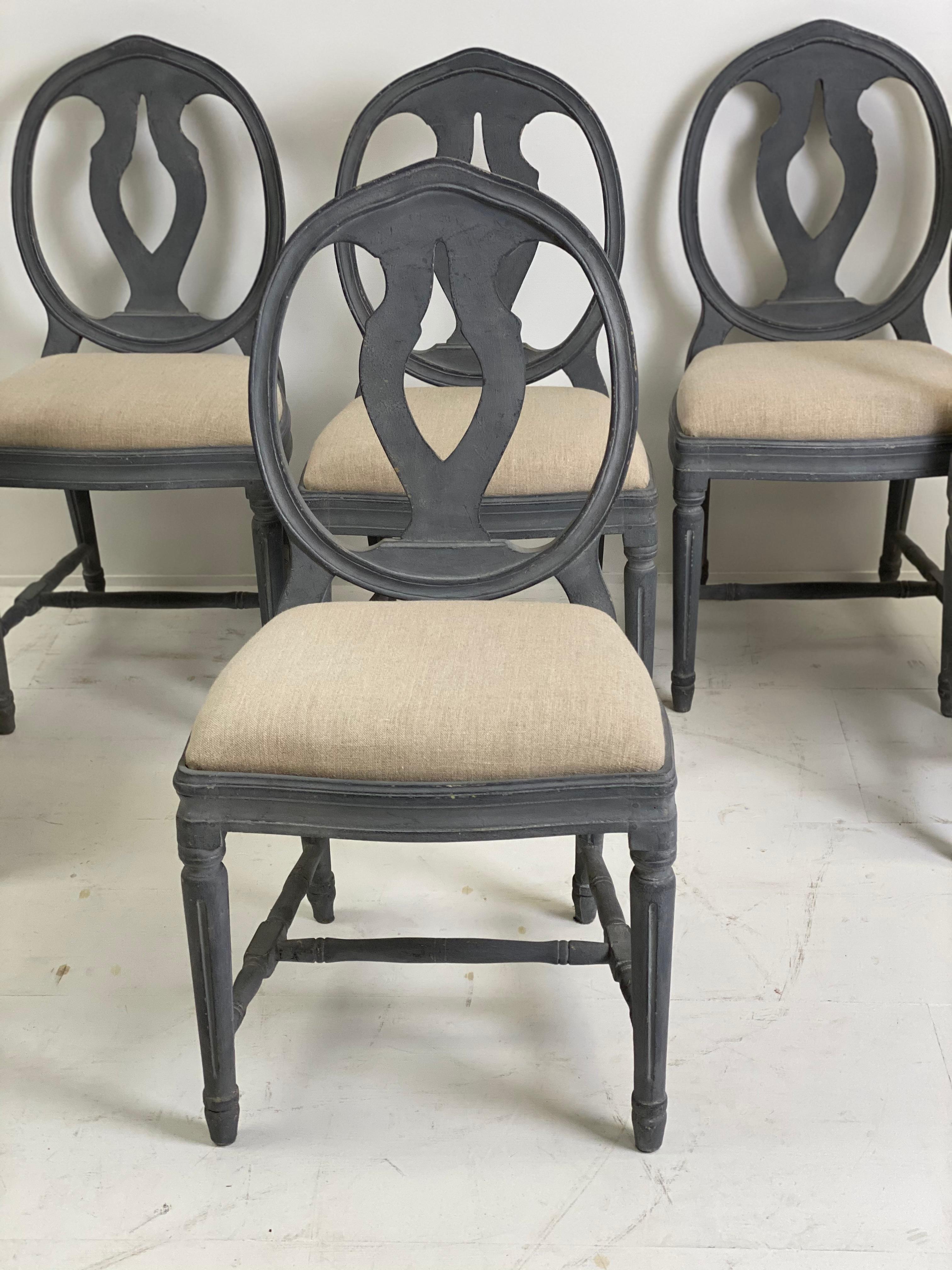 Mid-20th Century Set of 6 Patinated Swedish Chairs in a Blue/Grey Color, Gustavian Style