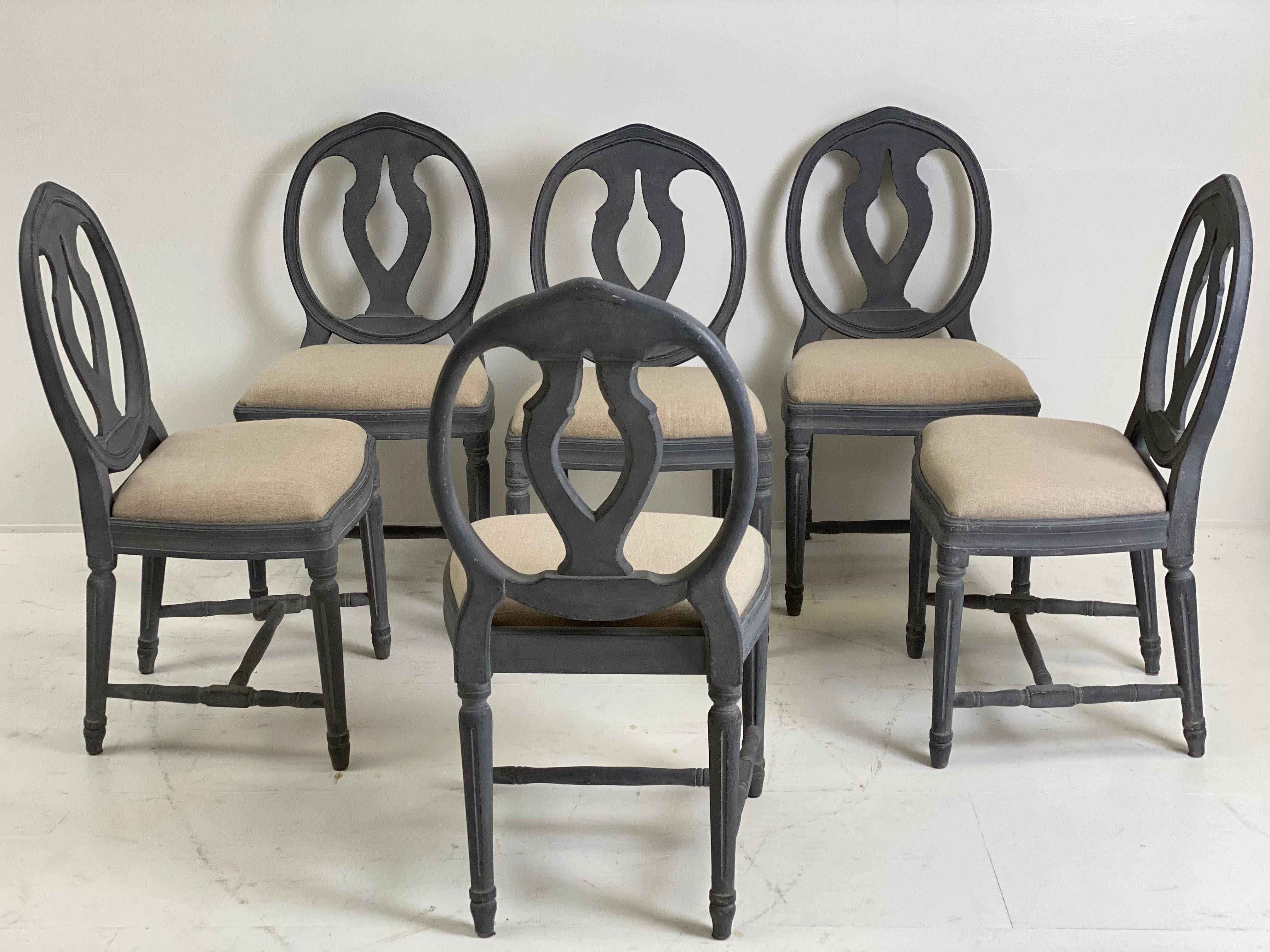 Set of 6 Patinated Swedish Chairs in a Blue/Grey Color, Gustavian Style 3