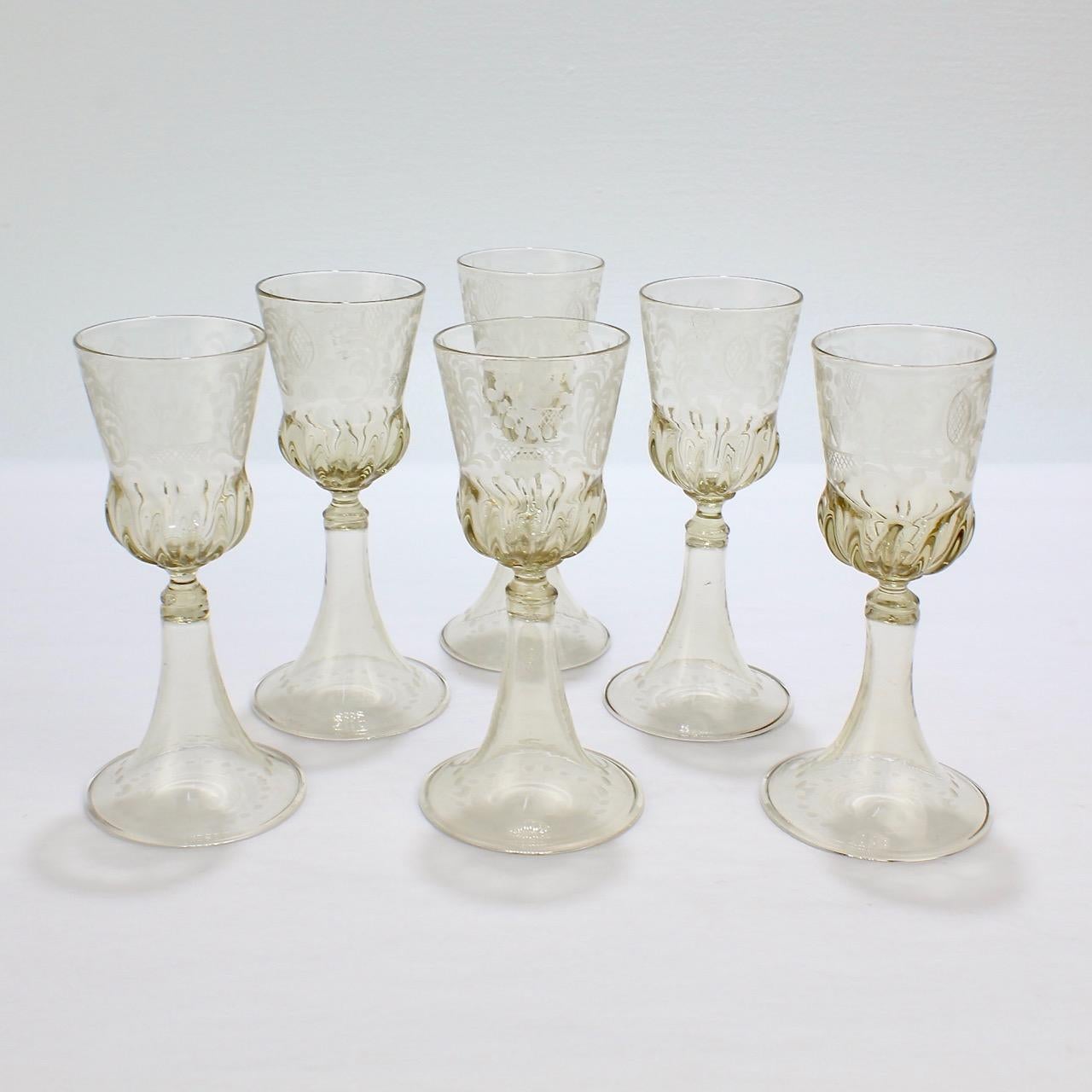 A good group of 6 vintage Venetian glass cordial glasses. 

Each with an aperitif or digestif cup capacity and very delicate hand feel. Perfect for your sherry or port.

Manufactured by Pauly and Co. in Venice, Italy in a light amber blown glass