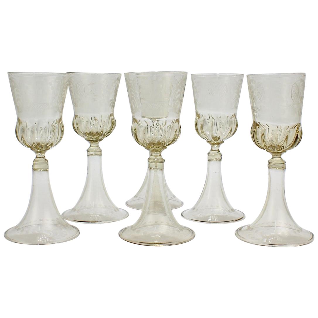 Set of 6 Pauly & Co Light Amber Etched Venetian or Murano Glass Cordial Glasses