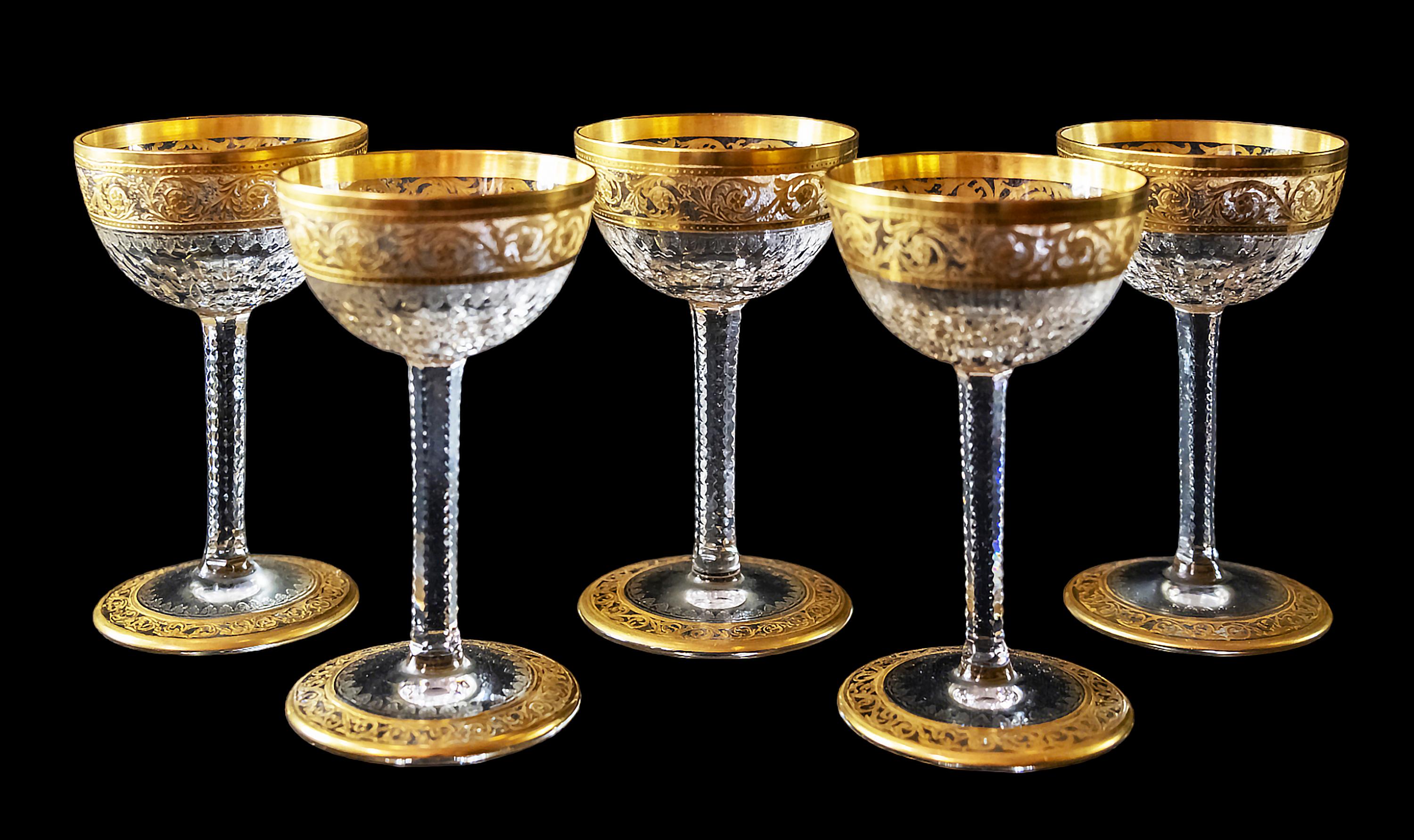Gilt Set of 6 pcs. French Saint Louis Crystal Carafe with Sherry Glasses For Sale