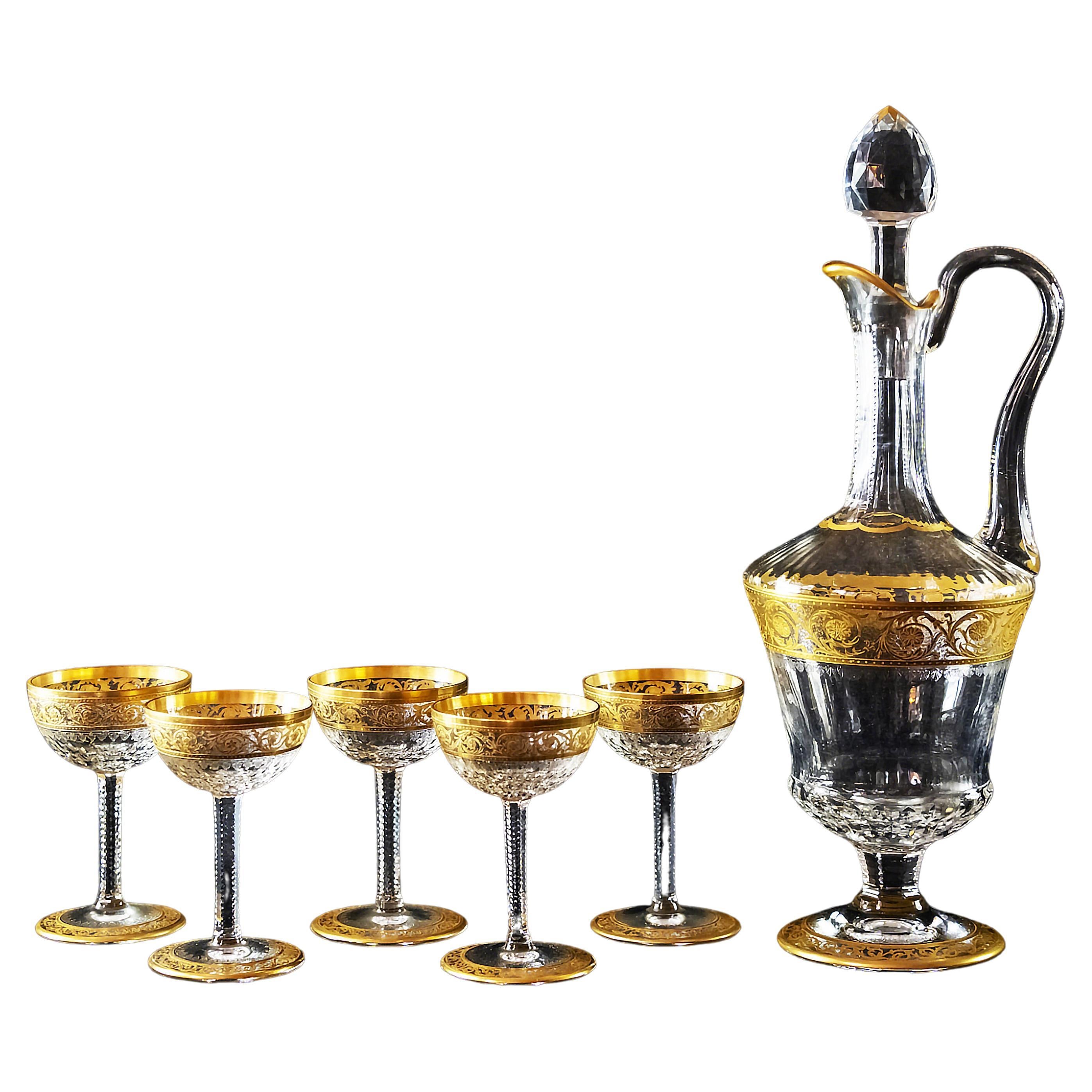 Set of 6 pcs. French Saint Louis Crystal Carafe with Sherry Glasses For Sale