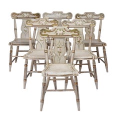 Set of 6 Pennsylvania plank seat side chairs with floral decorations, c. 1825