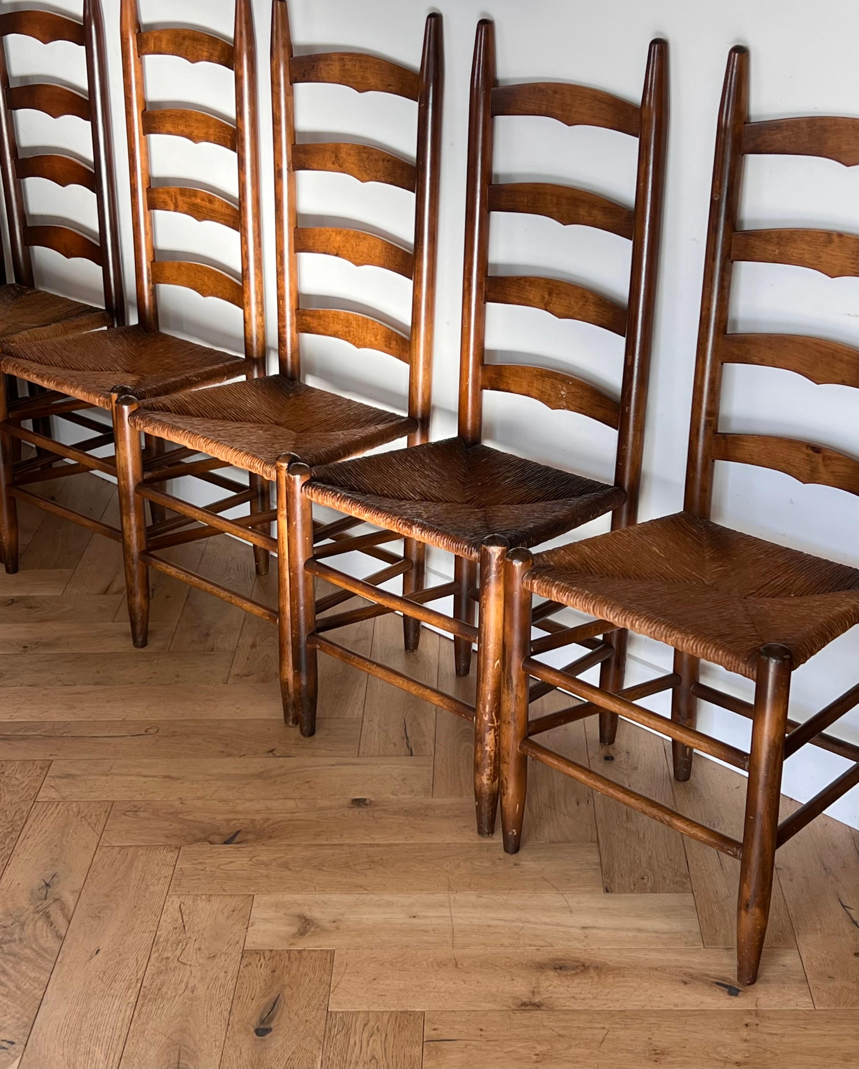 Set of 6 Perriand Style French Country Wicker Ladder Back Dining Chairs, 20th C 5