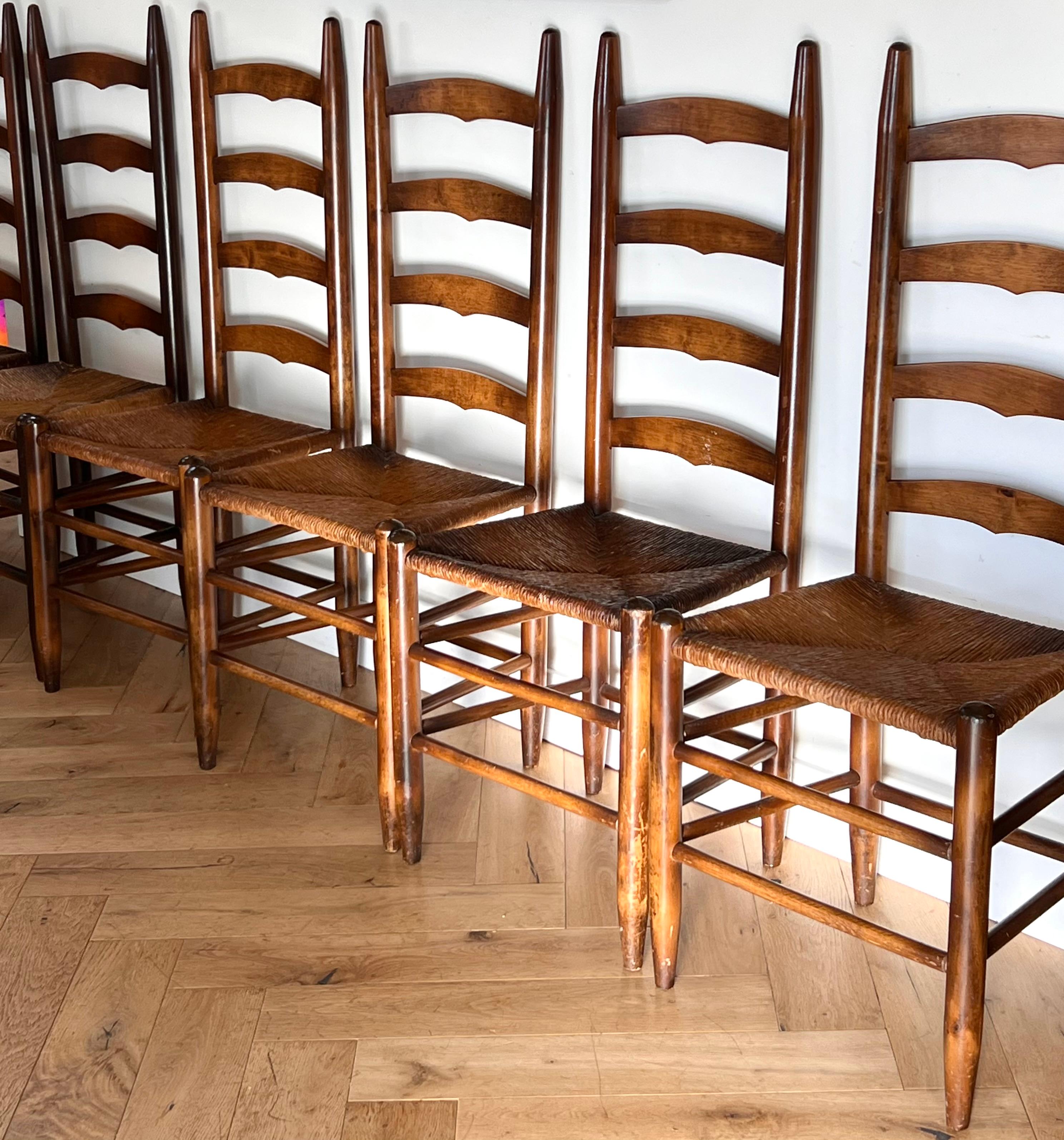 Set of 6 Perriand Style French Country Wicker Ladder Back Dining Chairs, 20th C 6